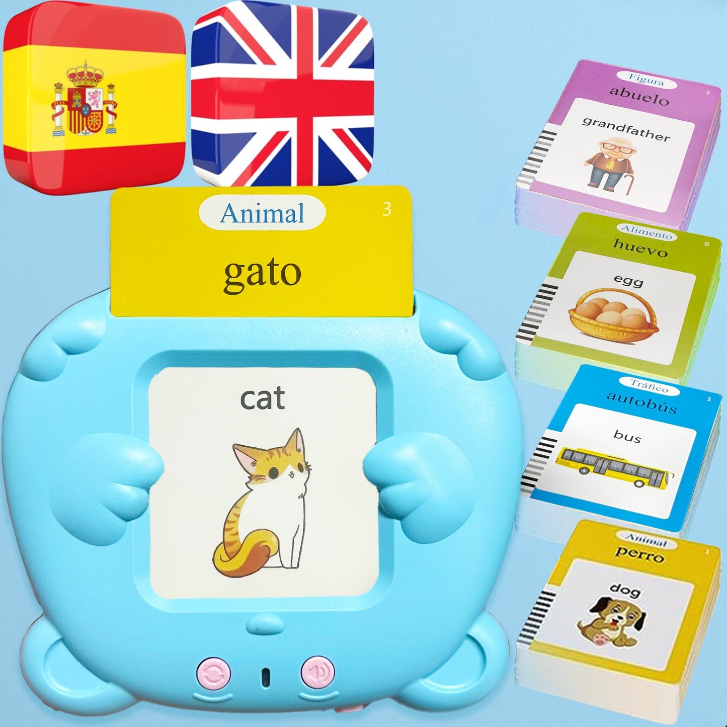 MoLingvora Bilingual Talking Flash Cards for Kids - Español Spanish English Flashcards Children Adults, 510 Sight Words, ABC Alphabet, Pocket Speech for Toddlers, Audible Sensory Toys (Spanish, Blue)