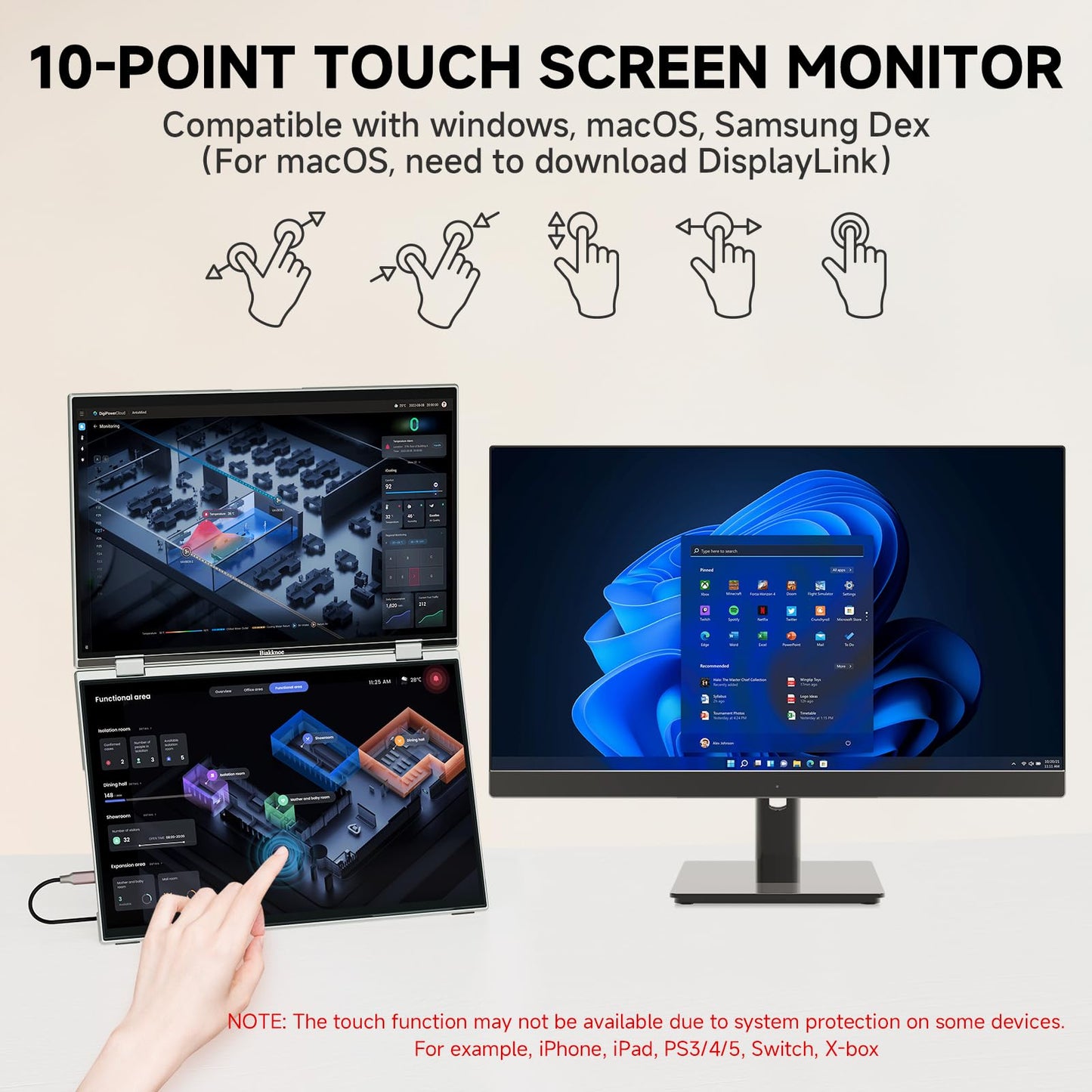 Biakknoe U16 Pro 16" Dual Portable Monitor Touchscreen, 1200P FHD Laptop Screen Extender with USB-A&C/HDMI, Foldable Travel Monitor for Laptop/Mac/PC/Windows, Single-Cable Dual Display, VESA Mountable
