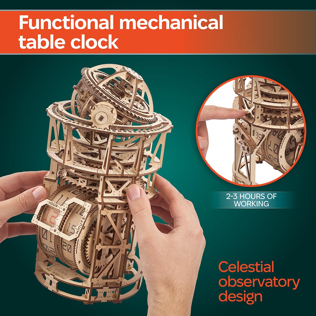 UGEARS Astronomer Table Clock with Tourbillon - 3D Wooden Puzzles for Adults Model Kit - Mechanical Clock Kit Functional DIY Wood Model Kits for Adults, 3D Puzzle for Puzzle Lovers