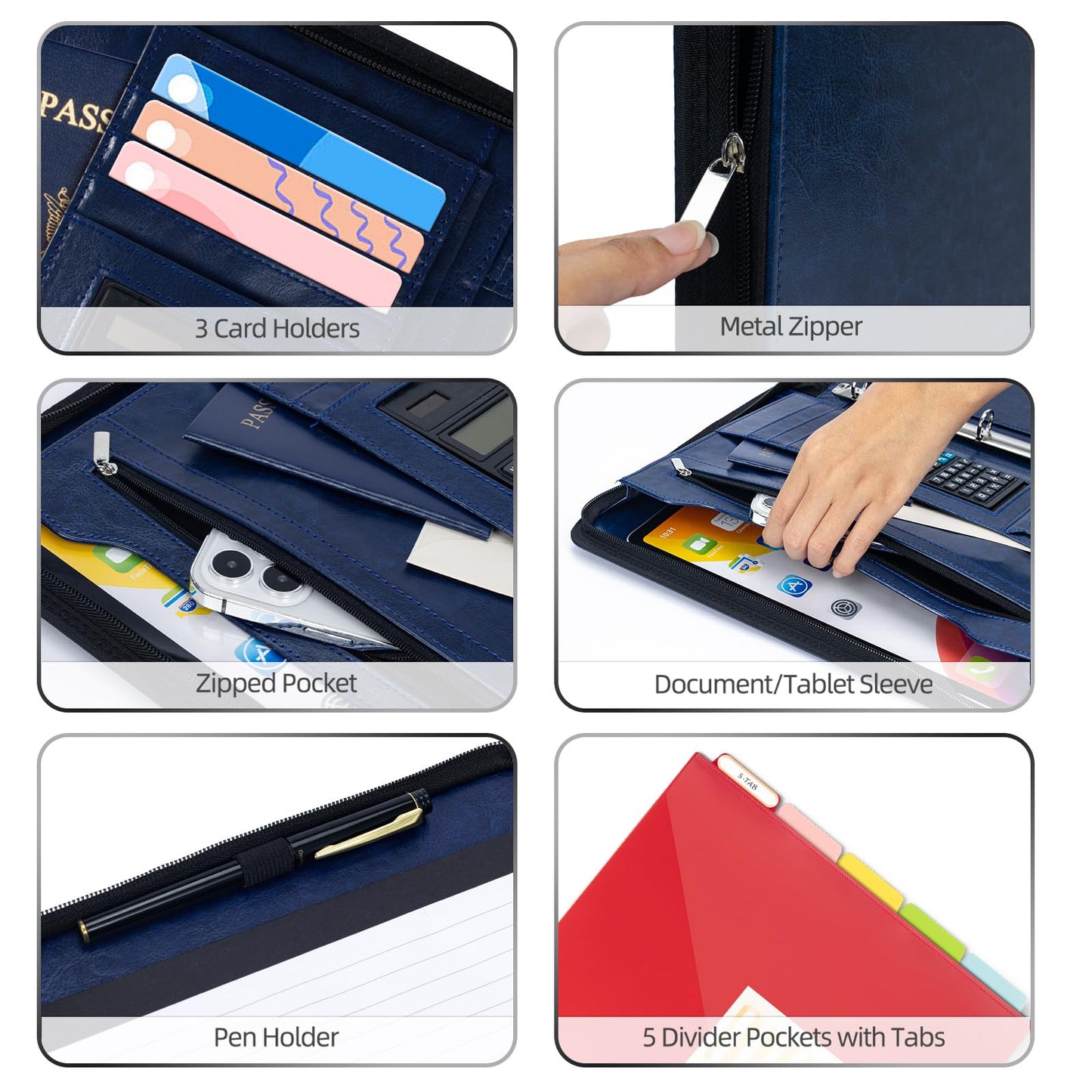 Ospelelf 3 Ring Portfolio Binder with Zipper, Leather Clipboard with Storage, Padfolio Folder for Men, 12.1” Tablet Sleeve, 5 Dividers with Pocket, Refillable Notepad, Card Slot (Navy Bule)
