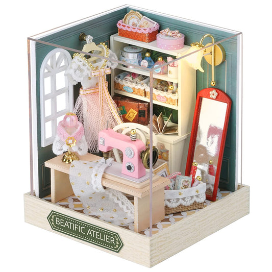 CUTEROOM DIY Doll House Miniature Furniture Wooden House Kit with Dust Cover & LED Light and Accessories - New Three Styles QT Series Dollhouse (QT047)