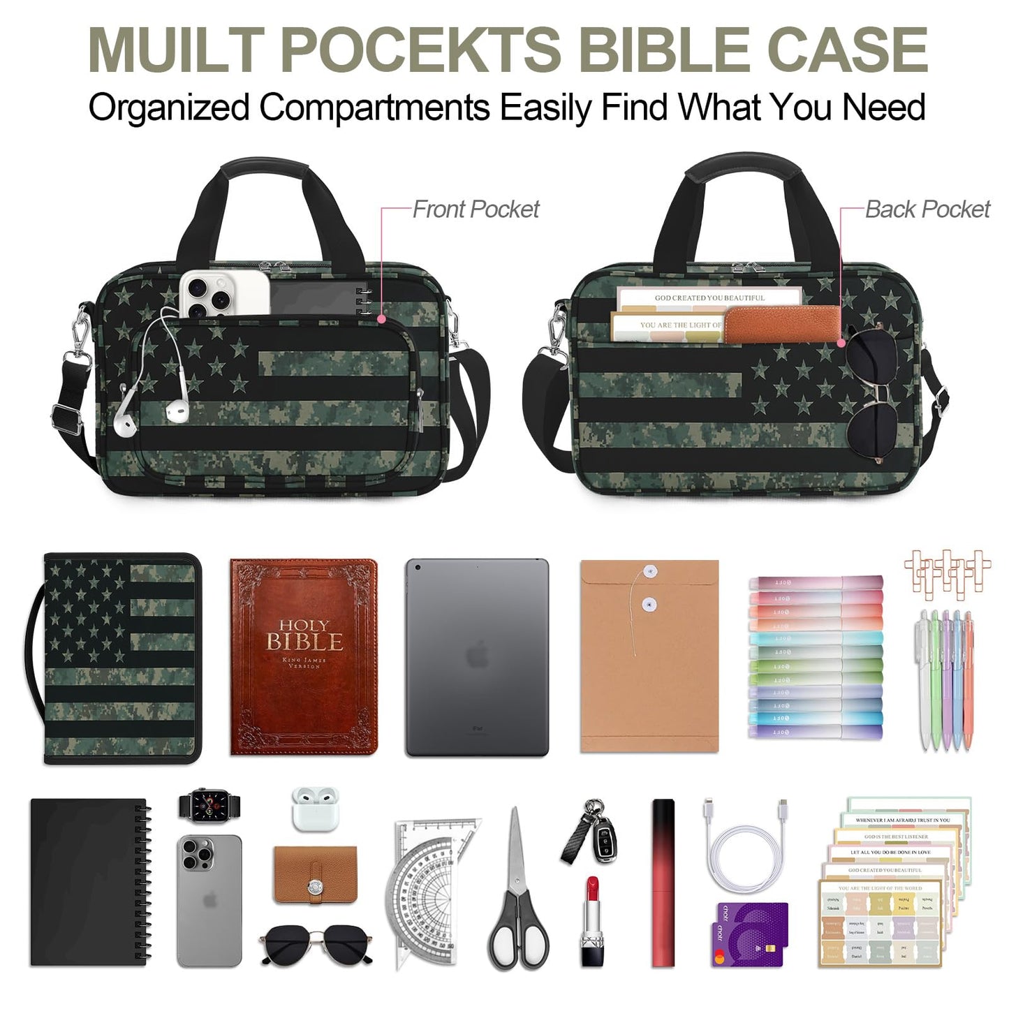 IBOVODI American Flag Caom Bible Cover Case for Men Boys, Large Kids Tactical Bible Carrying Book Case Church Bag, Bible Study Supplies Journaling Kit, Highlighters,Pens Cross Clips, Christian Gifts