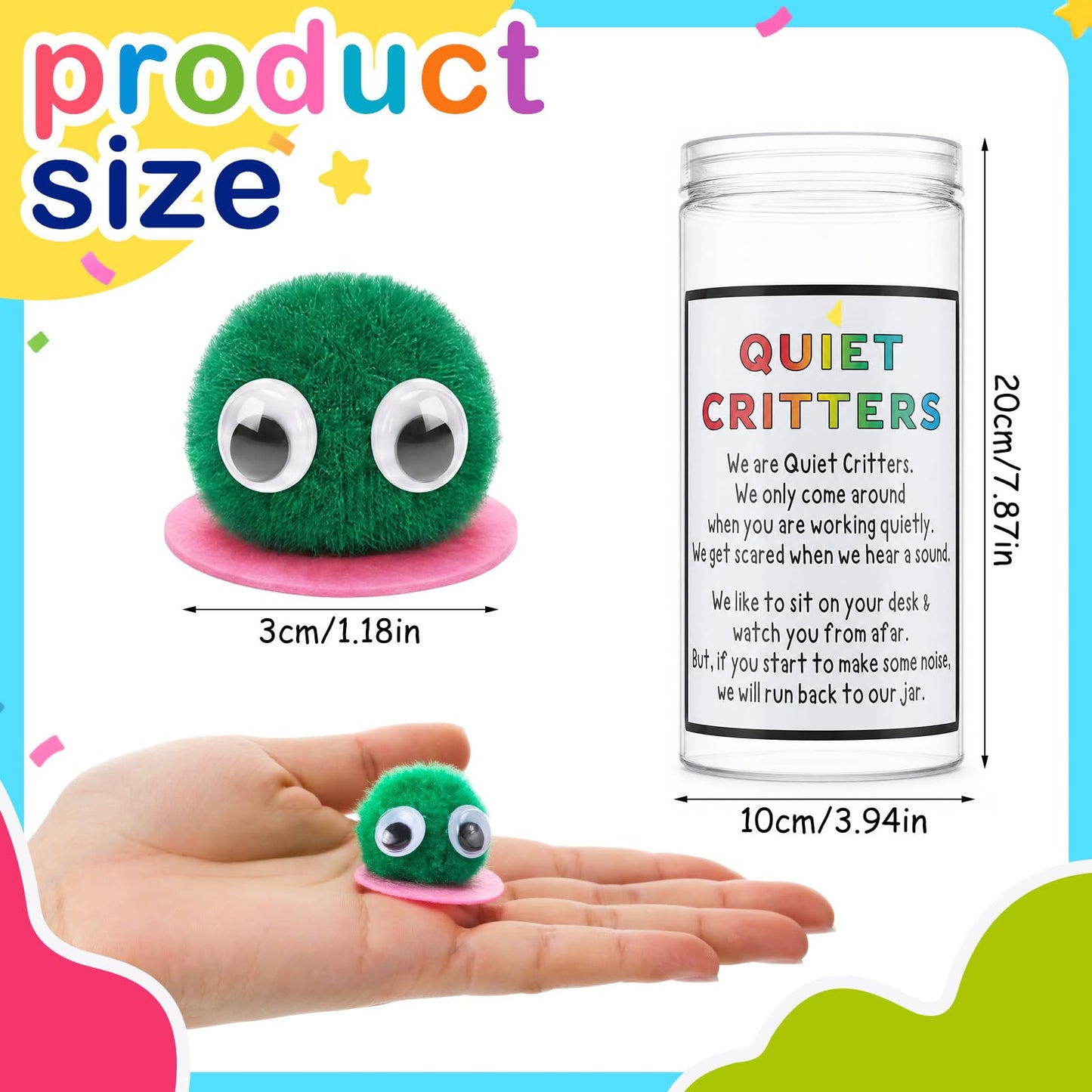 Soulchen 50 Pack 1'' Multicolor Pom Poms Critters with Plastic Jar Quiet Critters Classroom Management, Behavior Classroom Management Tool, Homeschooling, Educational and Learning Activities for Kids