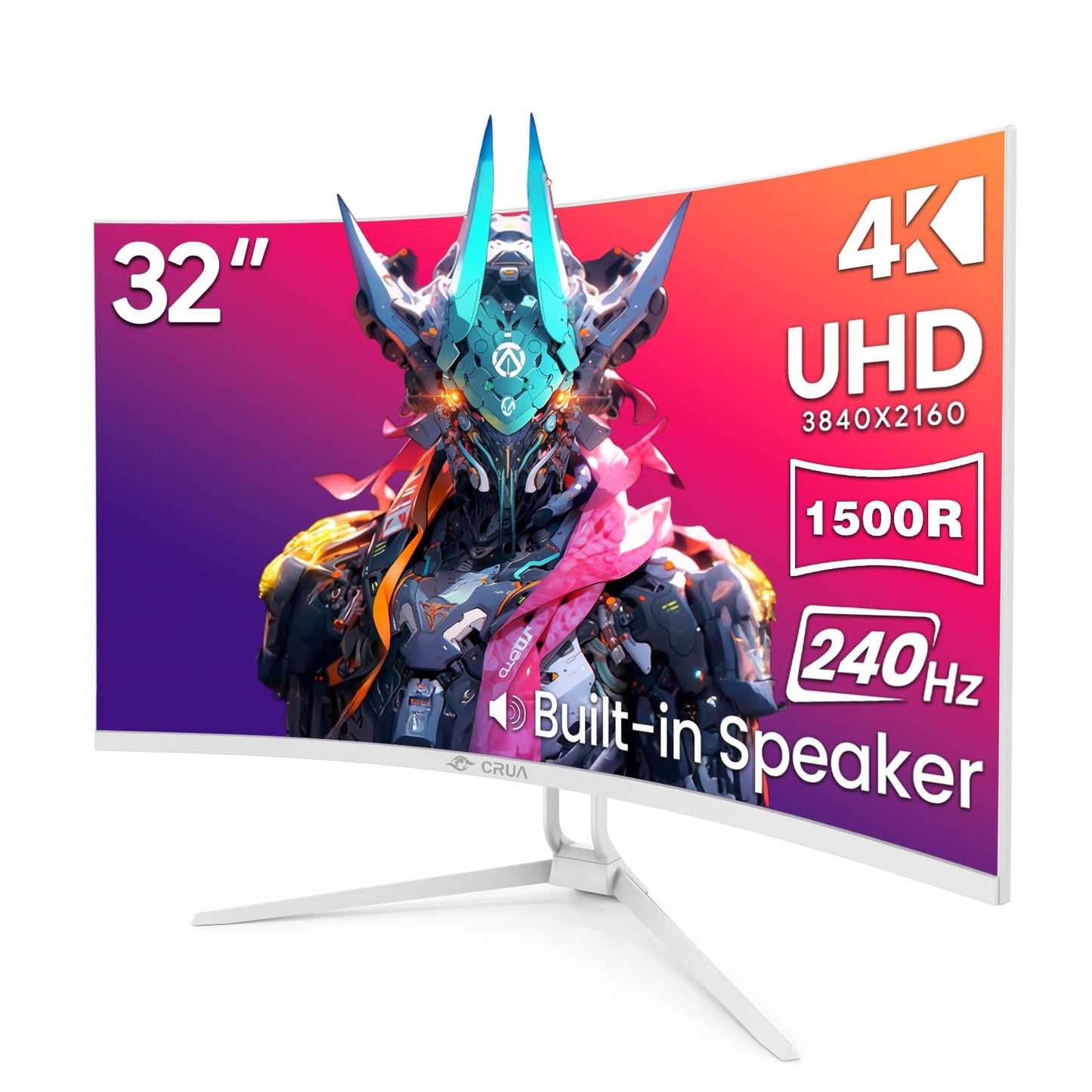 CRUA 32" Curved Gaming Monitor, 4K UHD 3840x2160, 240Hz VA Display, 1500R, AMD FreeSync, 120% sRGB, Built-in Speakers, HDMI 2.1 & DP 1.4, Wall Mountable White PC Monitor for Gaming, Streaming & Work