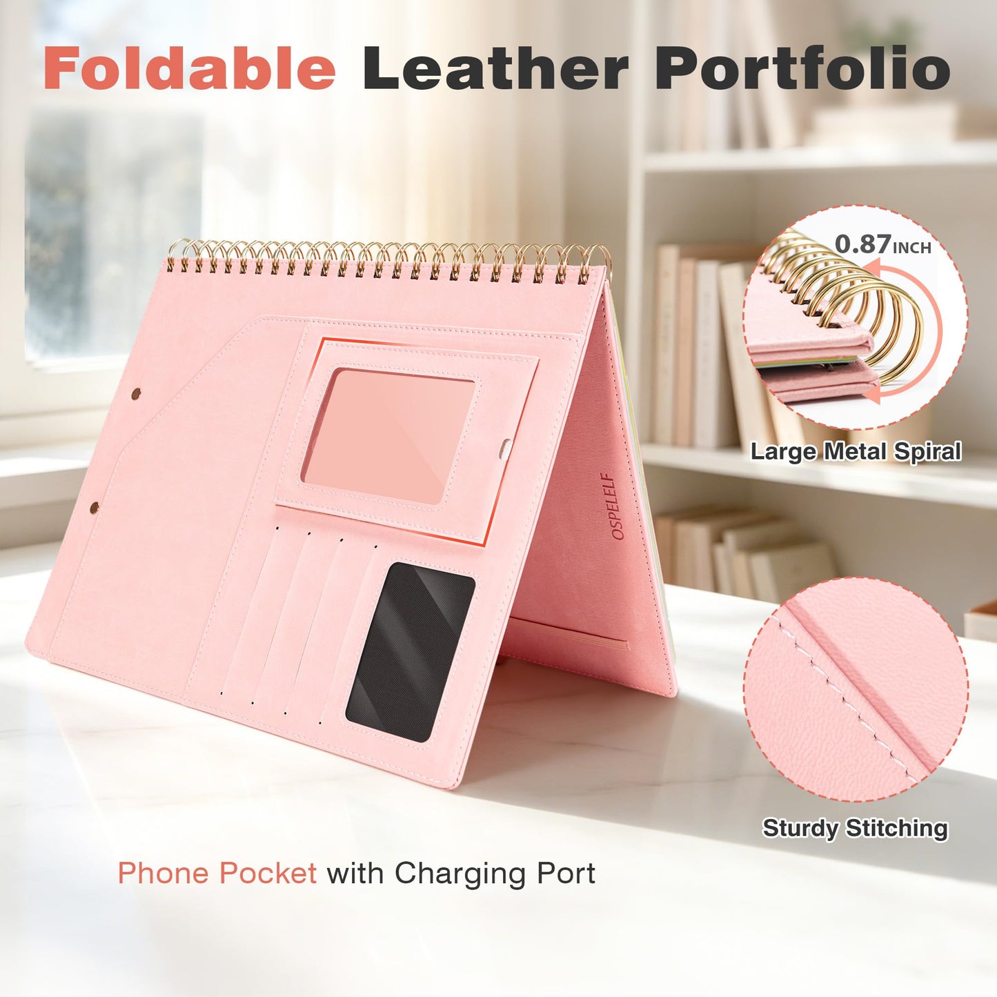Clipboard with Storage for Men Women, Leather Padfolio Portfolio Organizer 5 Folders with 10 Pockets, Spiral Clipboard Folio with Notepad for Letter Size, Elastic Closure and Pen Loop Pink