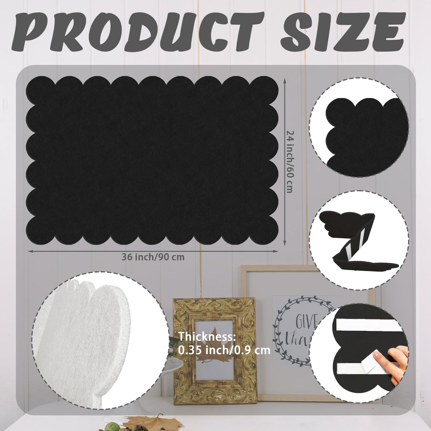 Black Scalloped Felt Bulletin Board - 36 x 24 Inches Large Felt Board Foldable Cork Board Alternative Photo Board Self-Adhesive Vision Board Decorative Pin Board for Wall