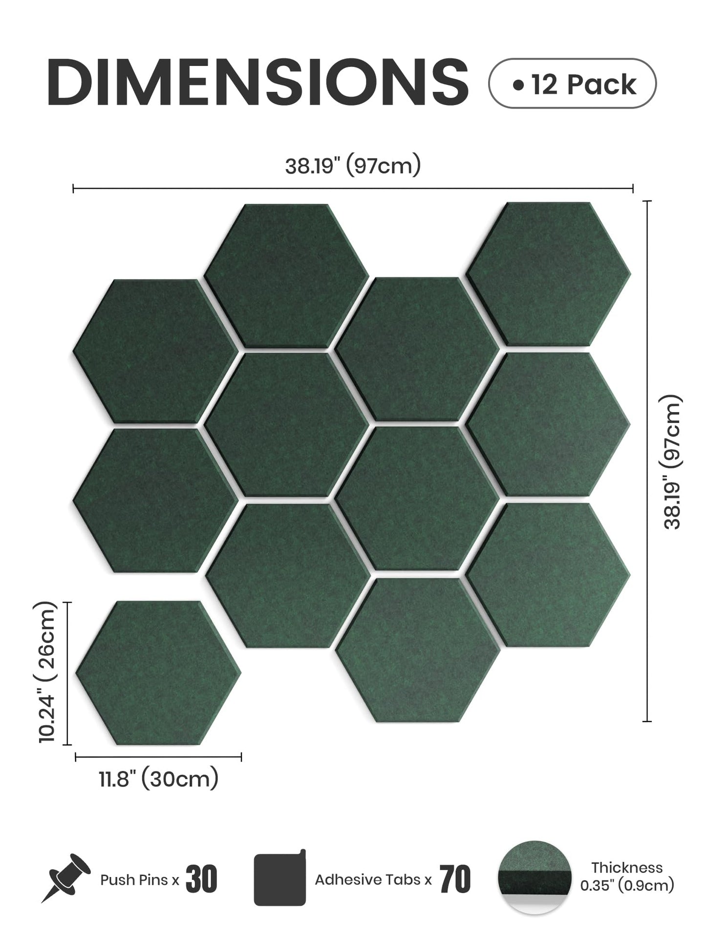 Fluxynara Hexagon Cork Board Alternative for Walls Decor-12-Pack Felt Bulletin Board Tiles,with 30 Pushpins,70 Adhesive Tabs for Office,Classrooms & Home Pin Board Felt Board-Pine Green