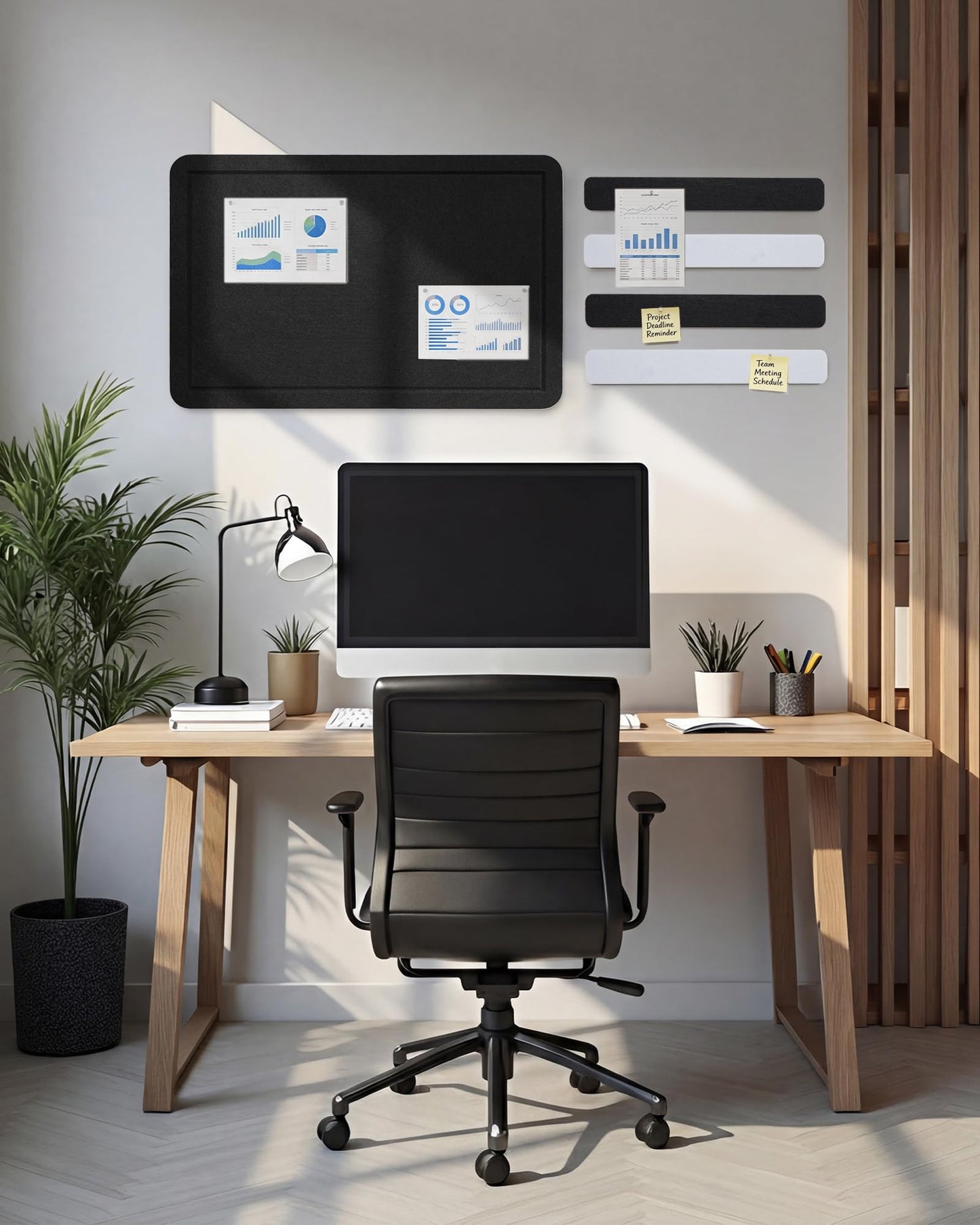 Small Felt Bulletin Board and 4 pcs Bar Strips Set, 24"X16" Cork Board Alternative with Removable Adhesive Tabs, 30 Push Pins for Office, Classroom, Bedroom, Walls Decorations - Black