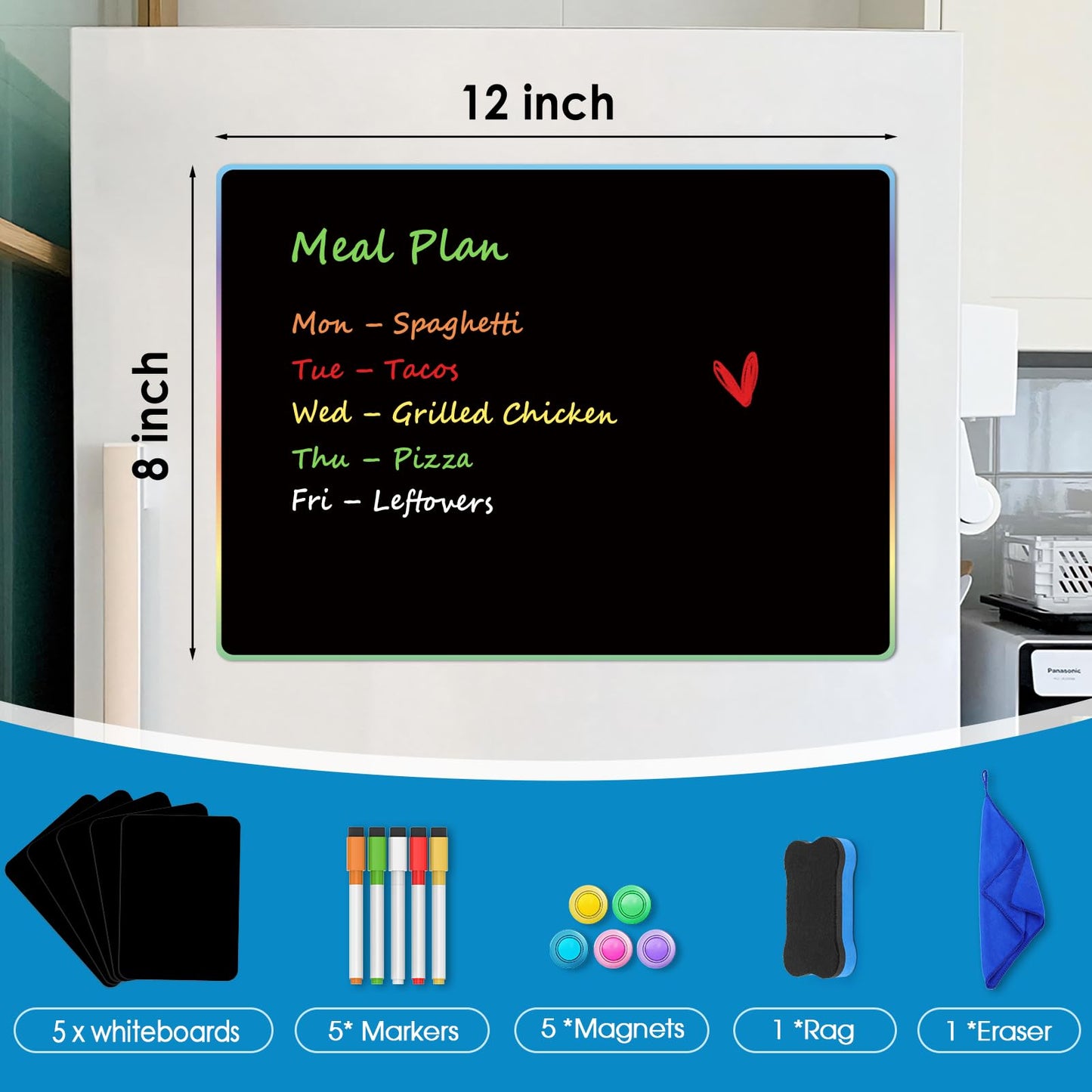 MaxGear 5 Pack Black Magnetic Dry Erase Board for Fridge, 12 x 8 Inch Whiteboard for Refrigerator, Magnetic Writing Board, Includes 5 Liquid Chalk Markers, 5 Magnets, 1 Eraser and 1 Cleaning Cloth