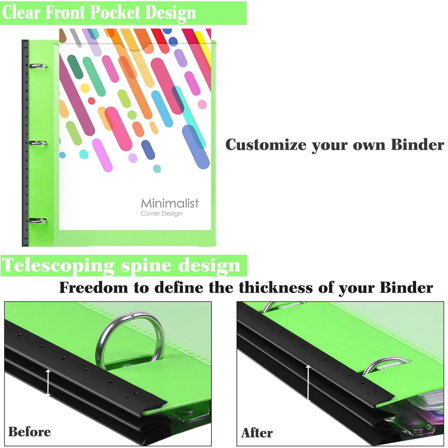 INFUN 1 Inch 3-Ring Telescoping Project Organizer Binder,13 Pocket, Customizable Front Cover, 5 Colors Pocket Divider and Plastic Binder Pocket，225 Sheet Capacity-Green
