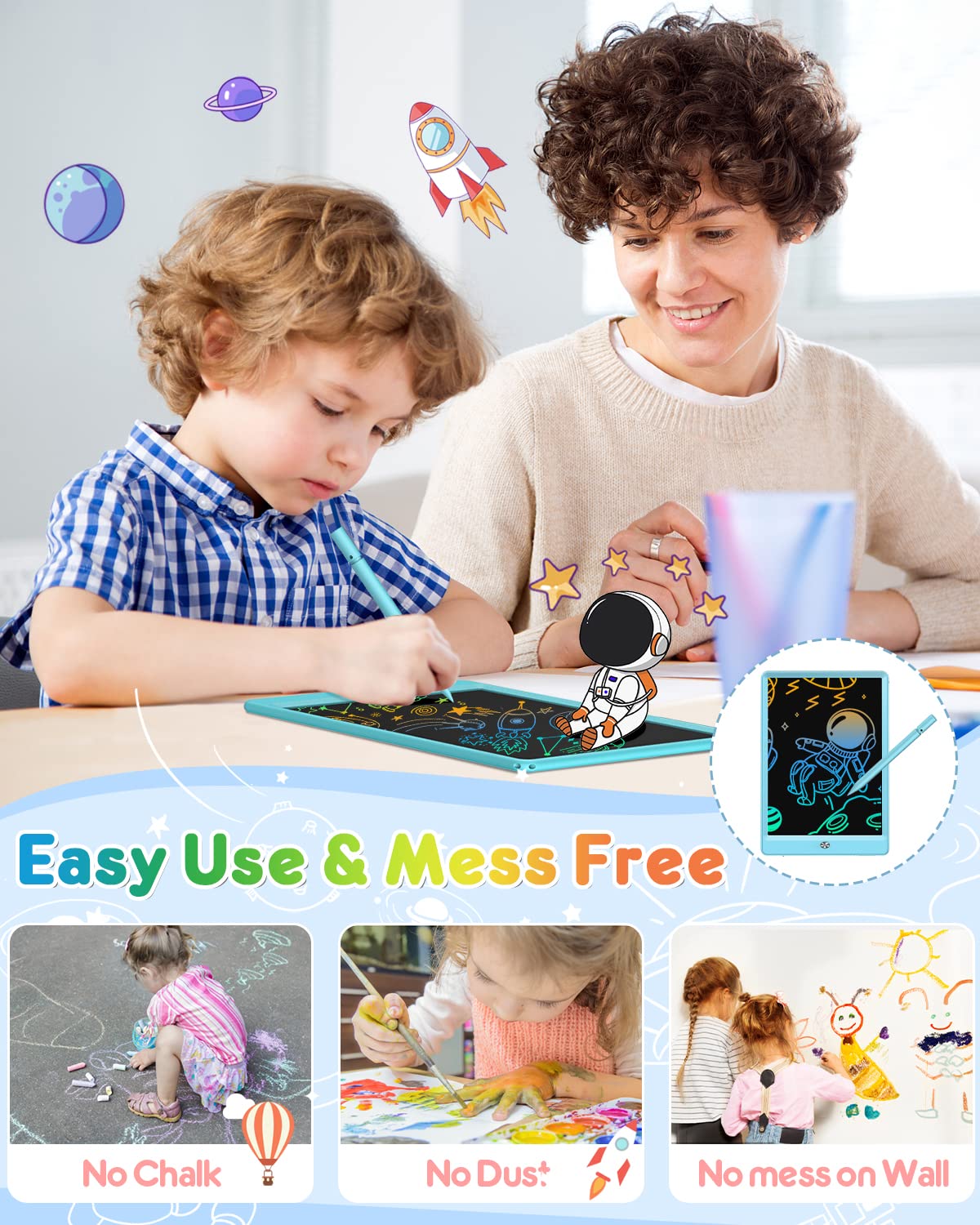 FLUESTON LCD Writing Tablet for Kids, 10 Inch Doodle Board, Colorful Drawing Pad for Toddler, Educational Travel Toy Gifts for 3-8 Year Old Girls Boys, Erase Lock Writing Board