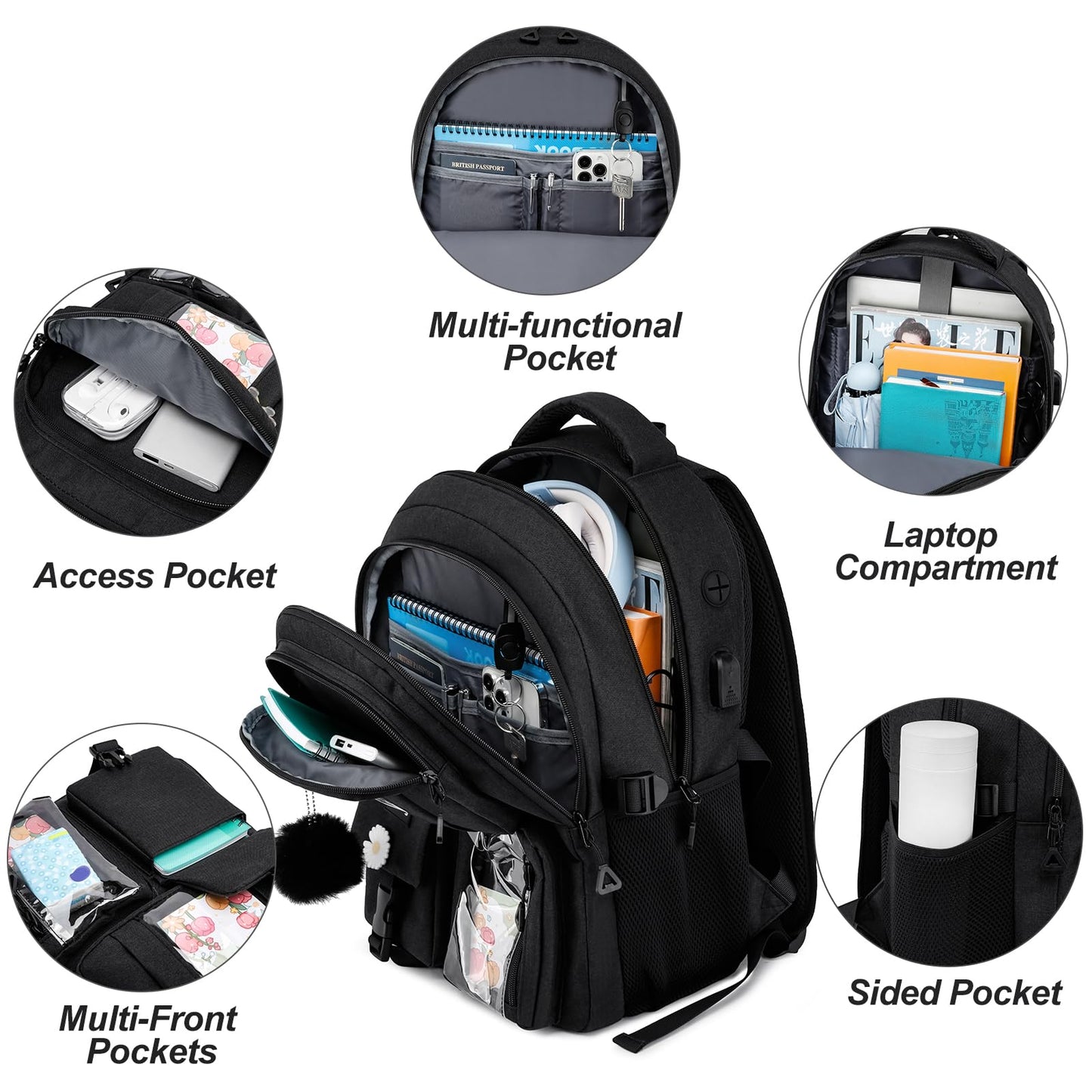 kadilong School Backpacks for Teen Girls Bookbag for Middle School College Students, Cute Backpacks for Women 15.6 Inch Laptop Bag Back Pack School Bag Anti Theft (Black)