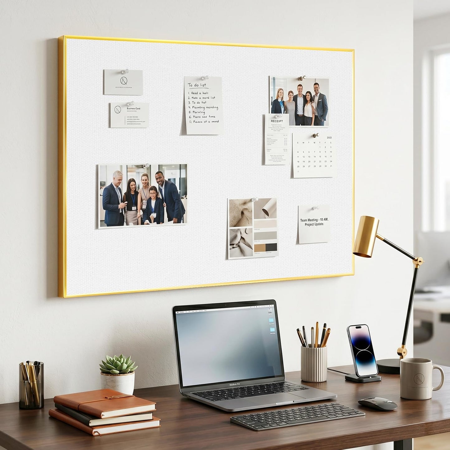 QUEENLINK Linen Bulletin Board 36" x 24", White Fabric Pin Board with Gold Aluminum Frame, Decorative Vision Board for Home Office, Bedroom & Dorm Wall Decor, Includes 10 Push Pins
