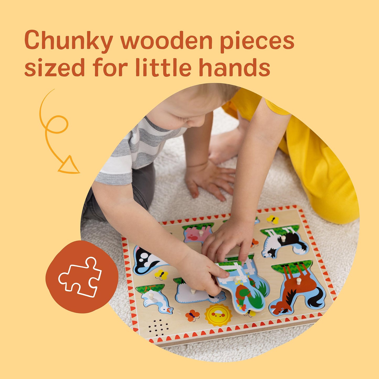 Melissa & Doug Farm Animals Sound Puzzle – 8-Piece Wooden Peg Puzzle with Light-Activated Sounds, Music Learning Toy for Toddlers and Preschoolers Ages 2+