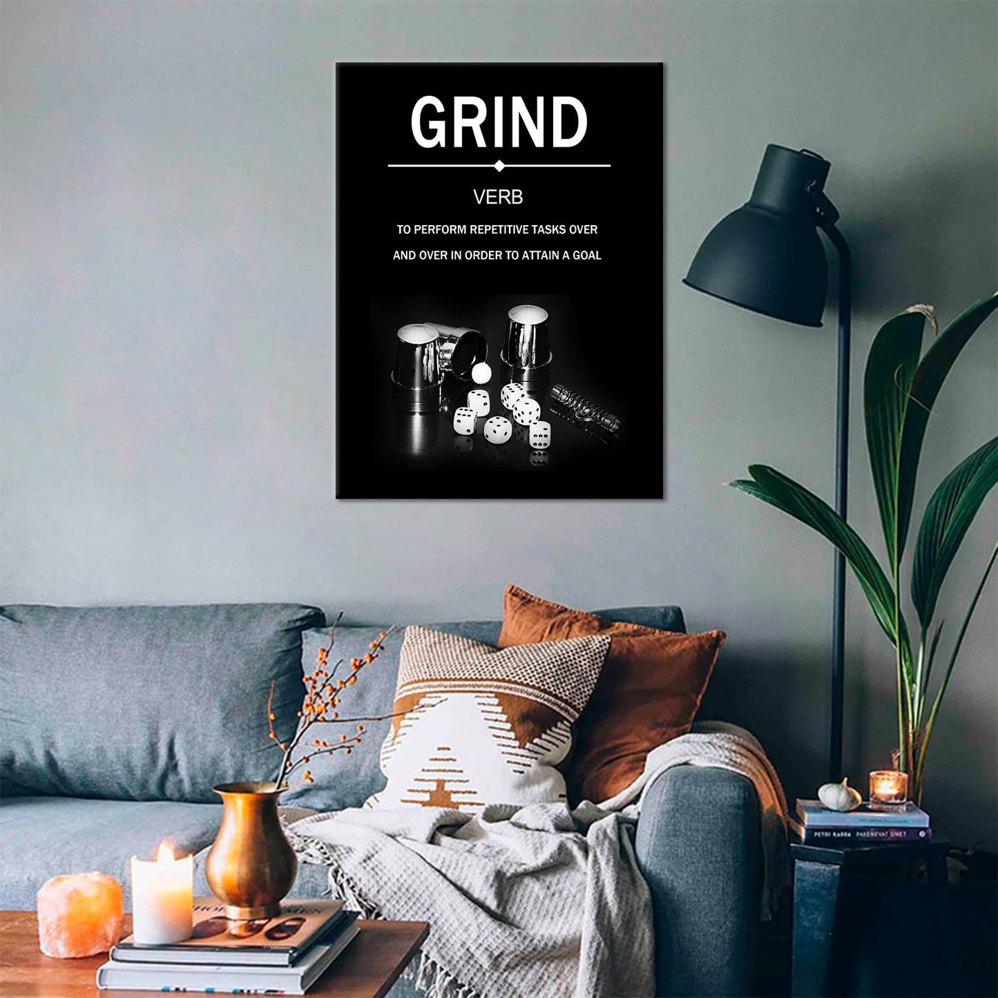 YSPCSUN Inspirational Wall Art for Office Decor Grind Verb Canvas Prints Framed Motivational Posters Success Quotes Artwork with Dice Pictures for Gym Men Bedroom Living Room 24x18 Inch