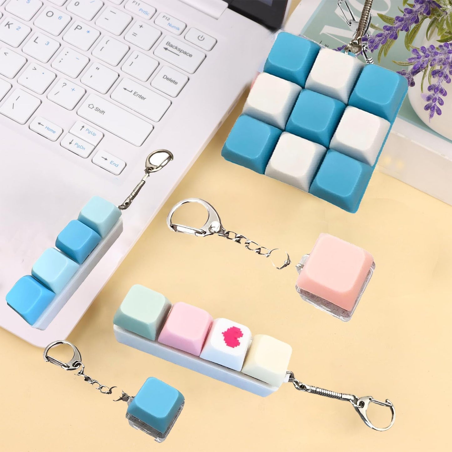 3 Pcs Keyboard Fidget Clicker Stress Relief Toys Keychain– Button Press Fidget Set for Stress Relief & Relaxation (9 Keys + 4keys + 1key Blue White)