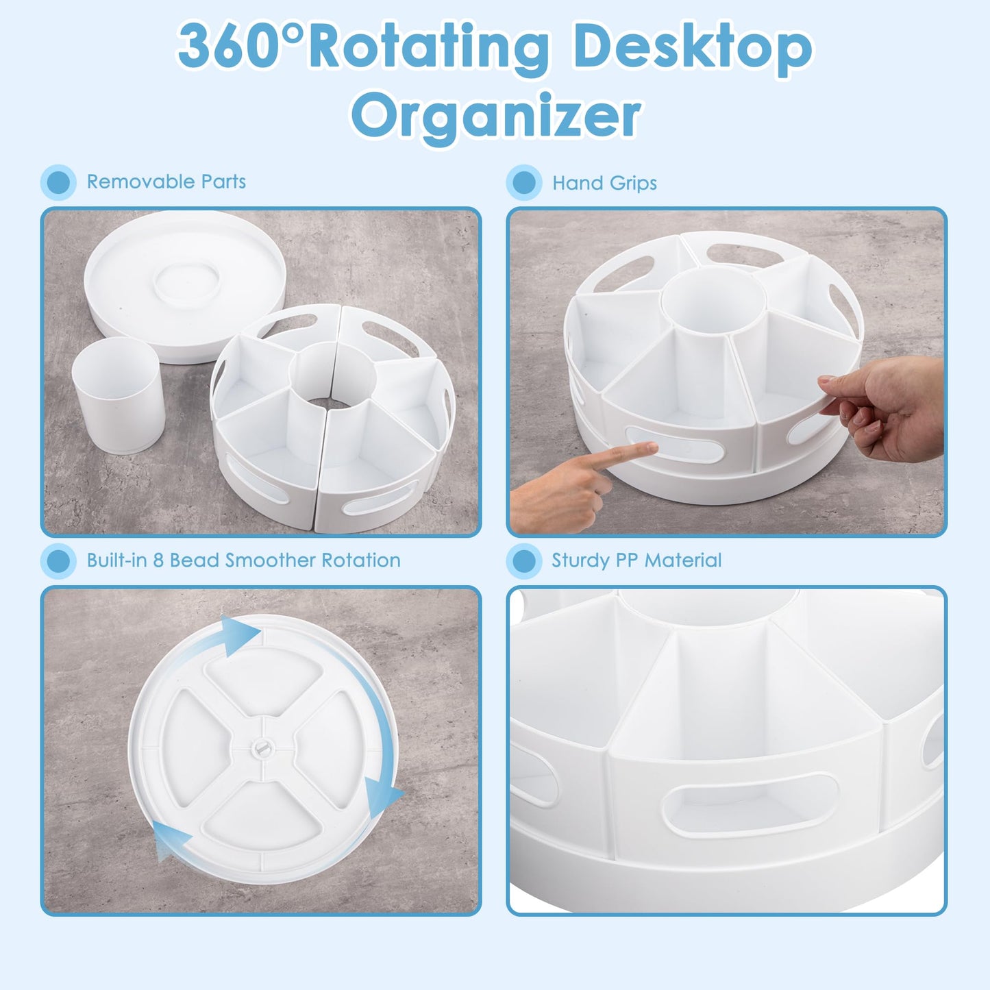 CraftGenes Art Supply Organizer, Extra Large 360 Degree Rotating Desk Organizer with 7 Removable Compartments, Marker Organizer and Craft Caddy for Kids, Teachers, Classroom, Home Office, White