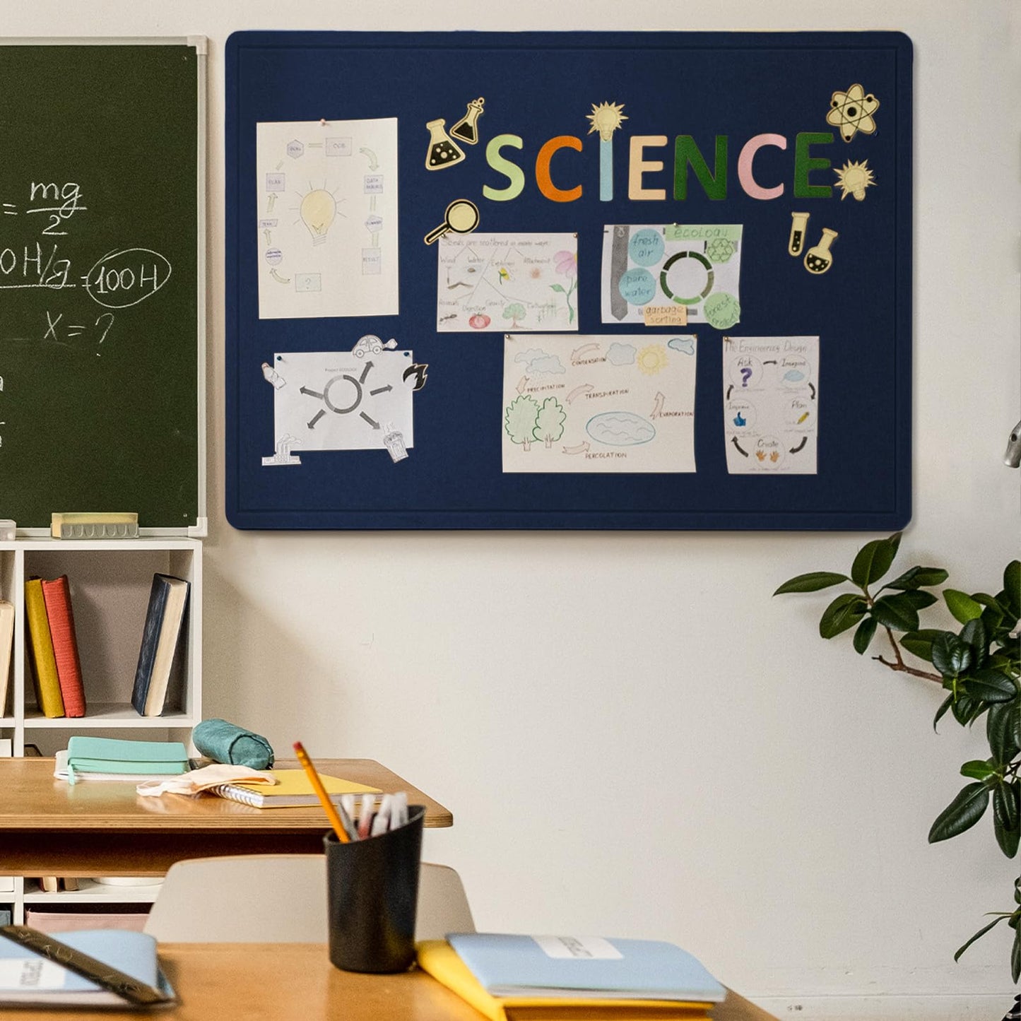 Large Bulletin Board - 48 x 36 Inches, Decorative Felt Pin Board for Wall - 4' x 3' Foldable Photo Display Board with Self-Adhesive Tape, Includes 20 Push Pins - Dark Blue