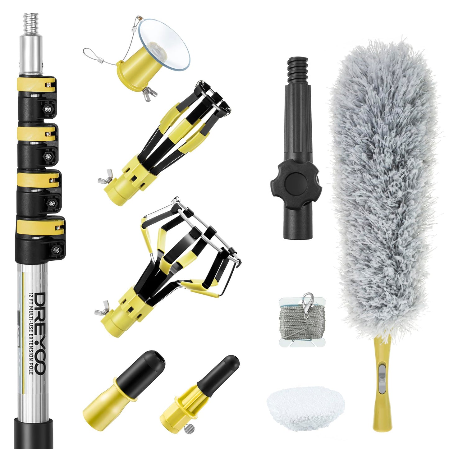 Dreyoo Light Bulb Changer Set with 3-12 ft Telescopic Pole, Suction Cup, Broken Bulb Tool, Yellow, Model DR-Dreyoo-1259