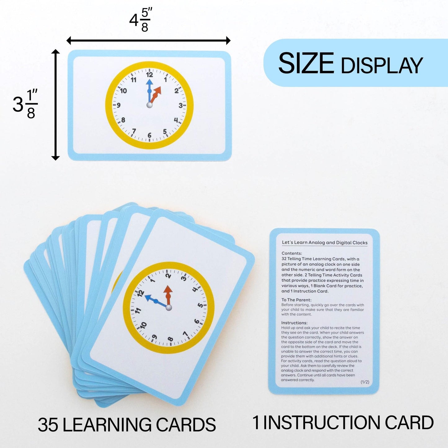 BAZIC Products Telling Time Flash Cards Learn to Read Time, Read Clocks Numerals & Analog, Interactive Learning Flashcards Kindergarten School Home (36/Pack), 72-Pack