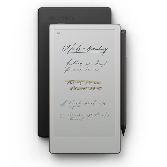 reMarkable Paper Pro Move - Leather Folio Bundle | Ultraportable Color 7.3" Paper Tablet with Marker Plus Pen with Eraser, and a Book Folio Cover in Black Leather
