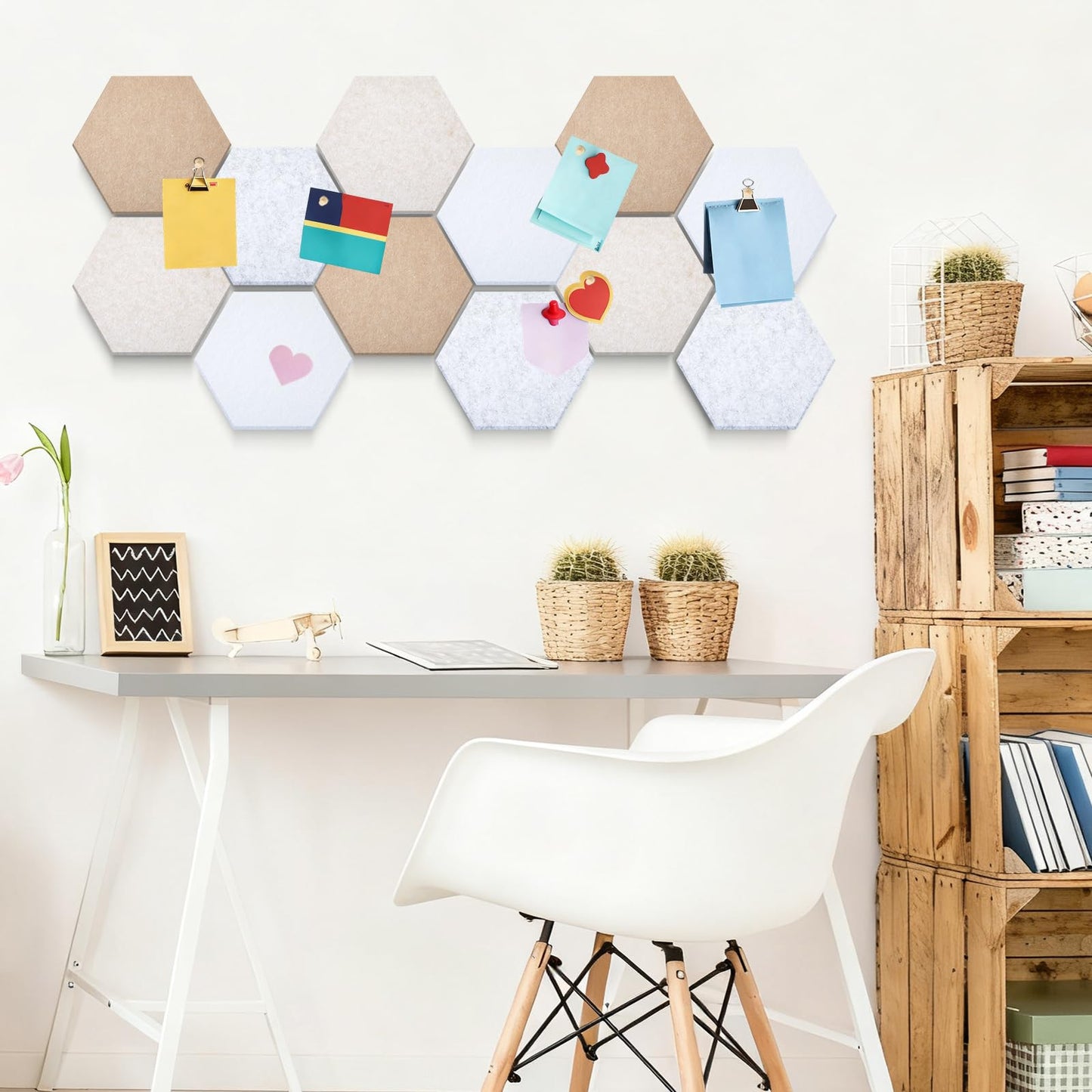 Mindsoft 16 Pcs Hexagon Cork Board for Walls with 50 Wooden Push Pins 12x10 in Felt DIY Tiles Notice with Nano Tape Hanging Bulletin Board for Home Photo Office Memo Note(Retro)