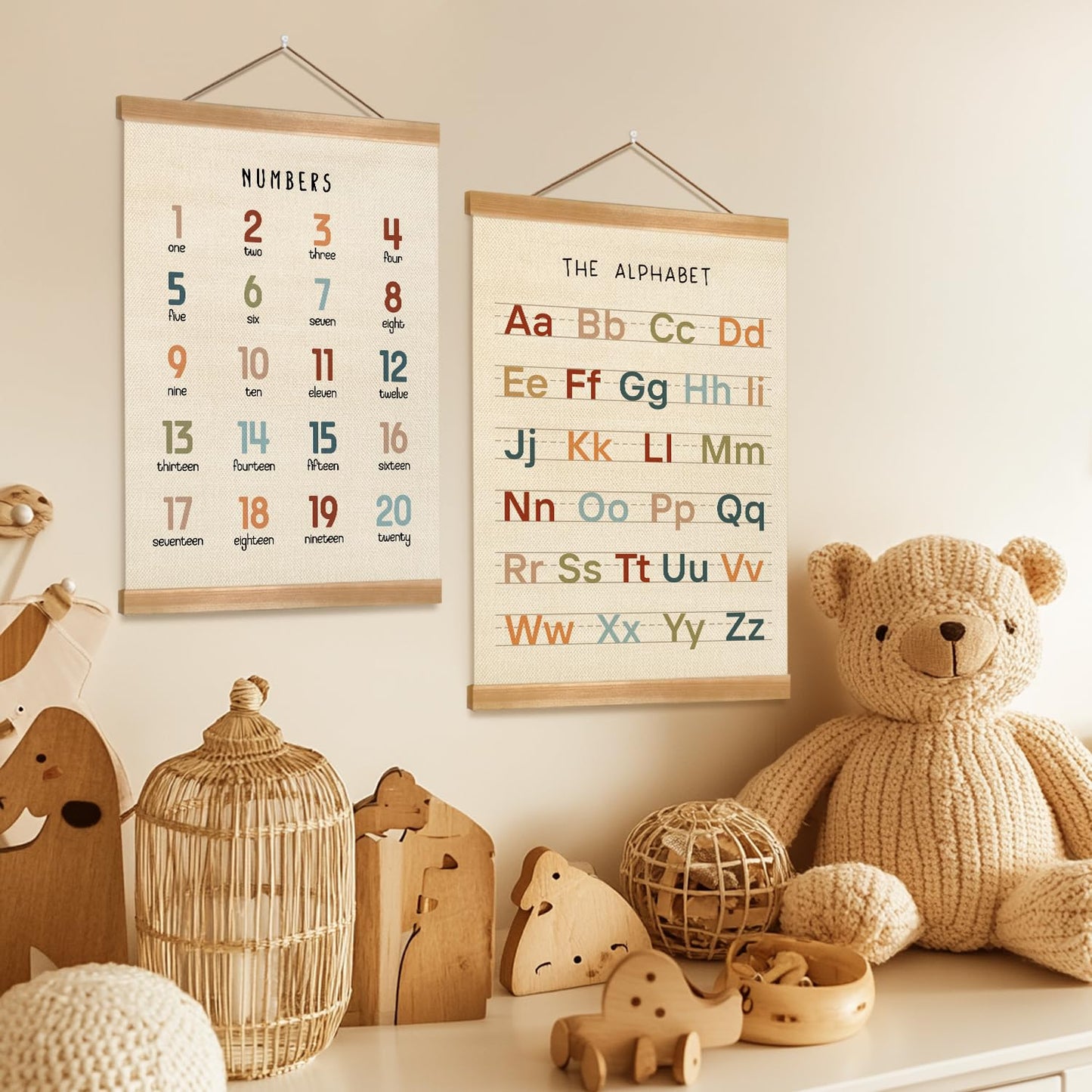 ZTGDA Alphabet Numbers Poster Set of 2, Alphabet Numbers Wall Art, ABC Banner Poster, Banner Wall Hanging Decor for Toddler Room Playroom Nursery Wall Classroom Decor 12x16inch (123&ABC-02)