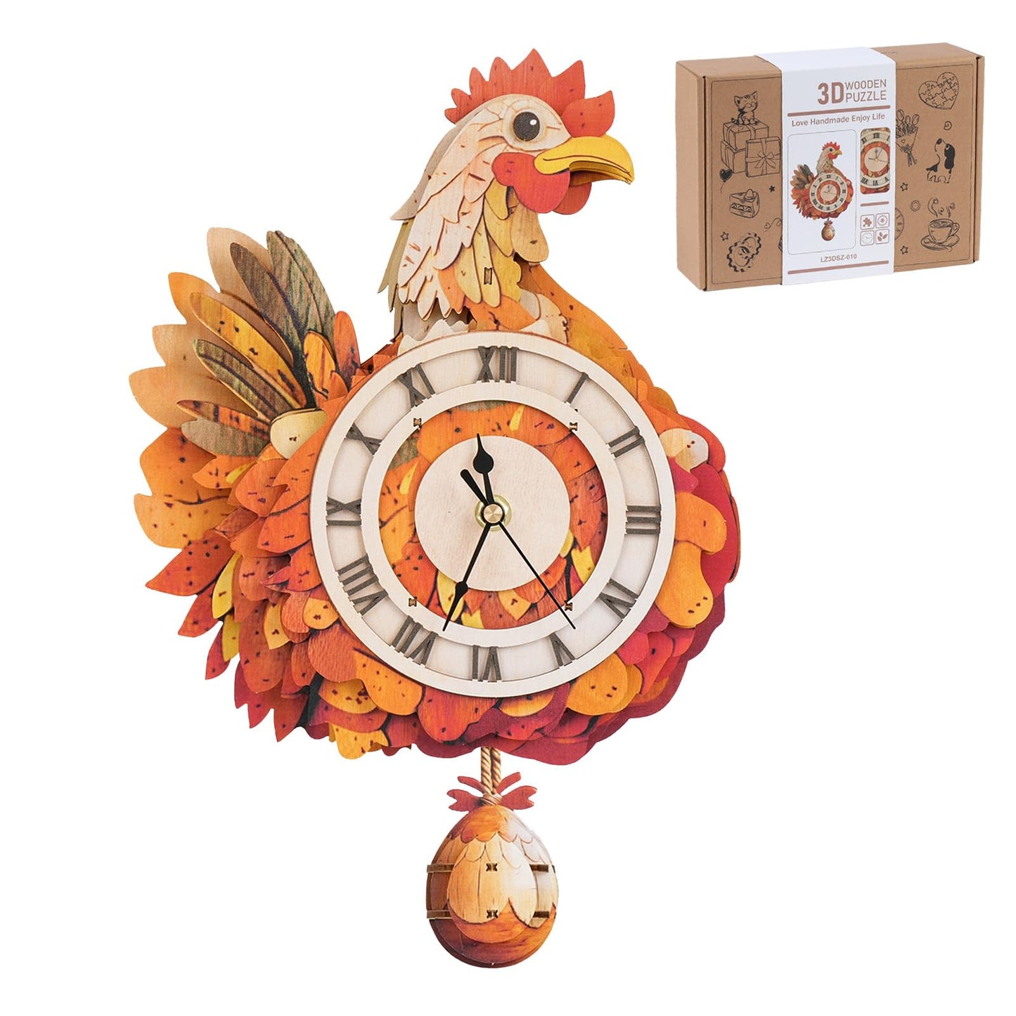 3D Wooden Puzzles for Adults, Hen Wall Clock DIY Set (with Pendulum), Beginner 29 Pcs Wooden Puzzles, Creative Gift Ideas for Adults Teens