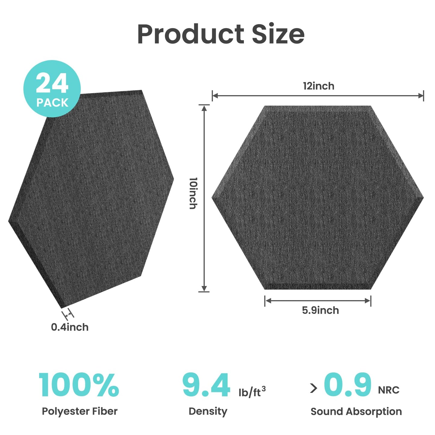 TOMAIX 24 Pack Hexagon Panel, 12"X10"X 0.4"Black Hexagon Self Adhesive Soundproof Wall Panels, High-Density Sound Absorbing Panels, Acoustic Treatment Panels