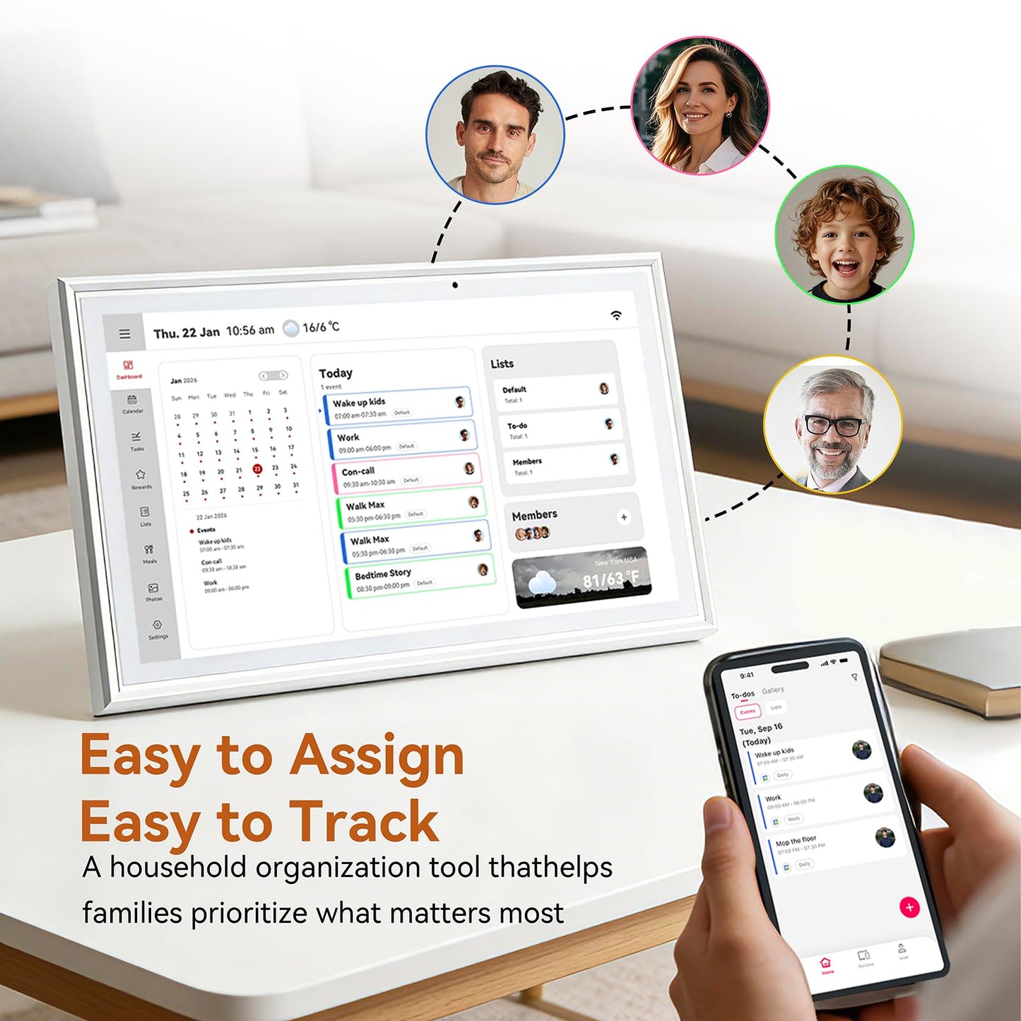 15.6 Inch Digital Calendar，Smart Touchscreen Interactive Display for Family Schedules，Chore Charts, Achievement Rewards,Meal Planner, to Do List，Wall & Desk Mount Smart Electronic Planne