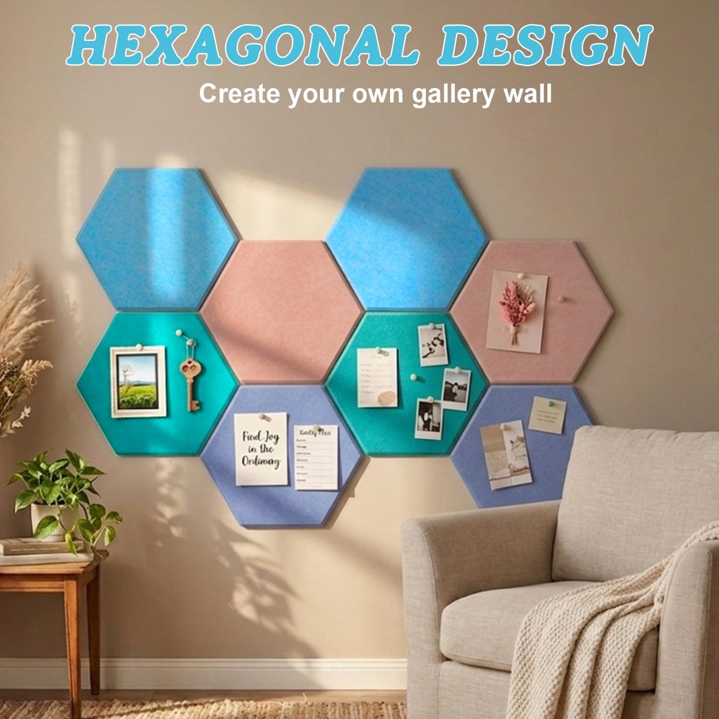 8 Pack Hexagon Cork Board Alternative for Walls Decor, 12" x 10" Self-Adhesive Felt Bulletin Board Tiles with 30 Pushpins, Acoustic Panels for Office,Classrooms (Macaron Fresh)