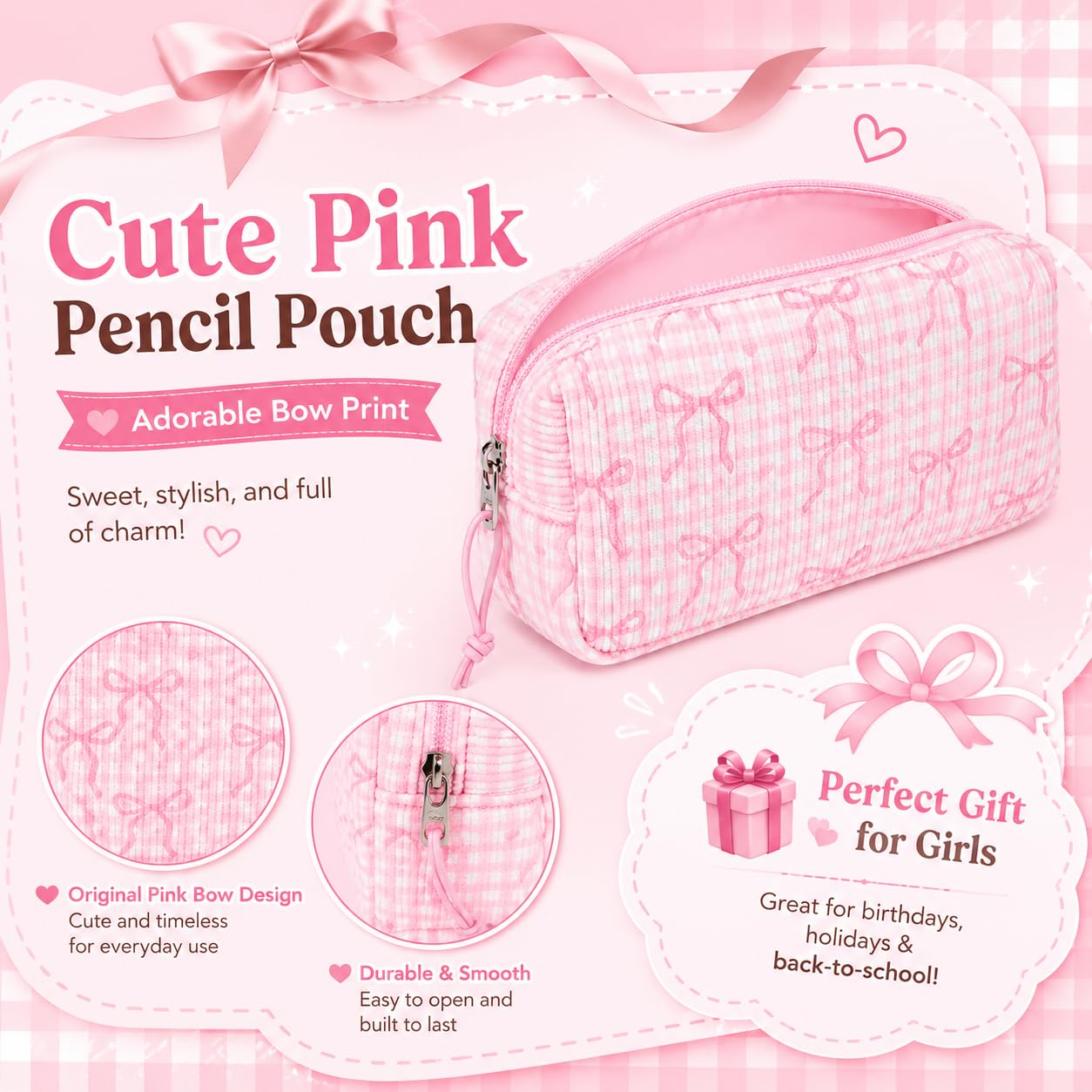 LEDAOU Cute Pencil Case for Kids Girls Boys Pencil Pouch kawaii Pen Pencil Box Bag Holder for School Students (Corduroy Pink Bow Checkered)