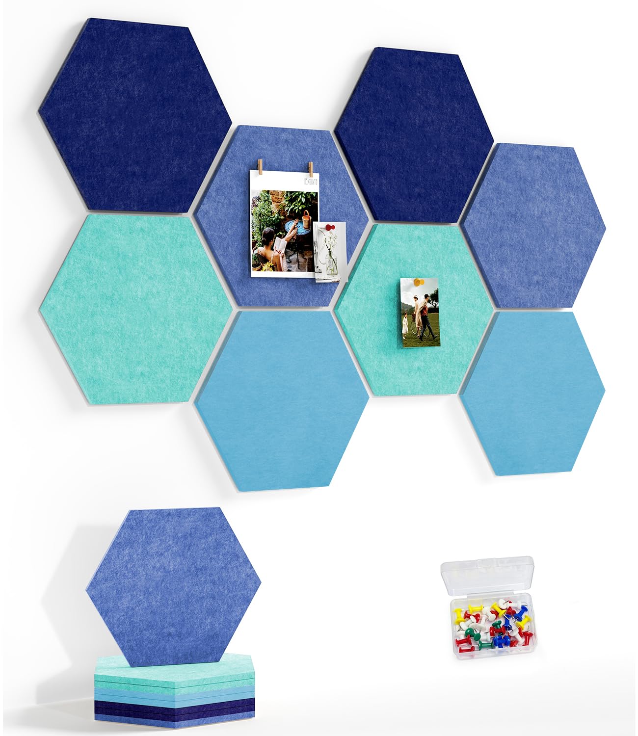 8 Pack Hexagon Felt Bulletin Board Tiles - 12 Inch Large Thick Pinboard for Walls with 30 Push Pins, DIY Panels for Home Office Decor, Aesthetic Hex Corkboard Alternative
