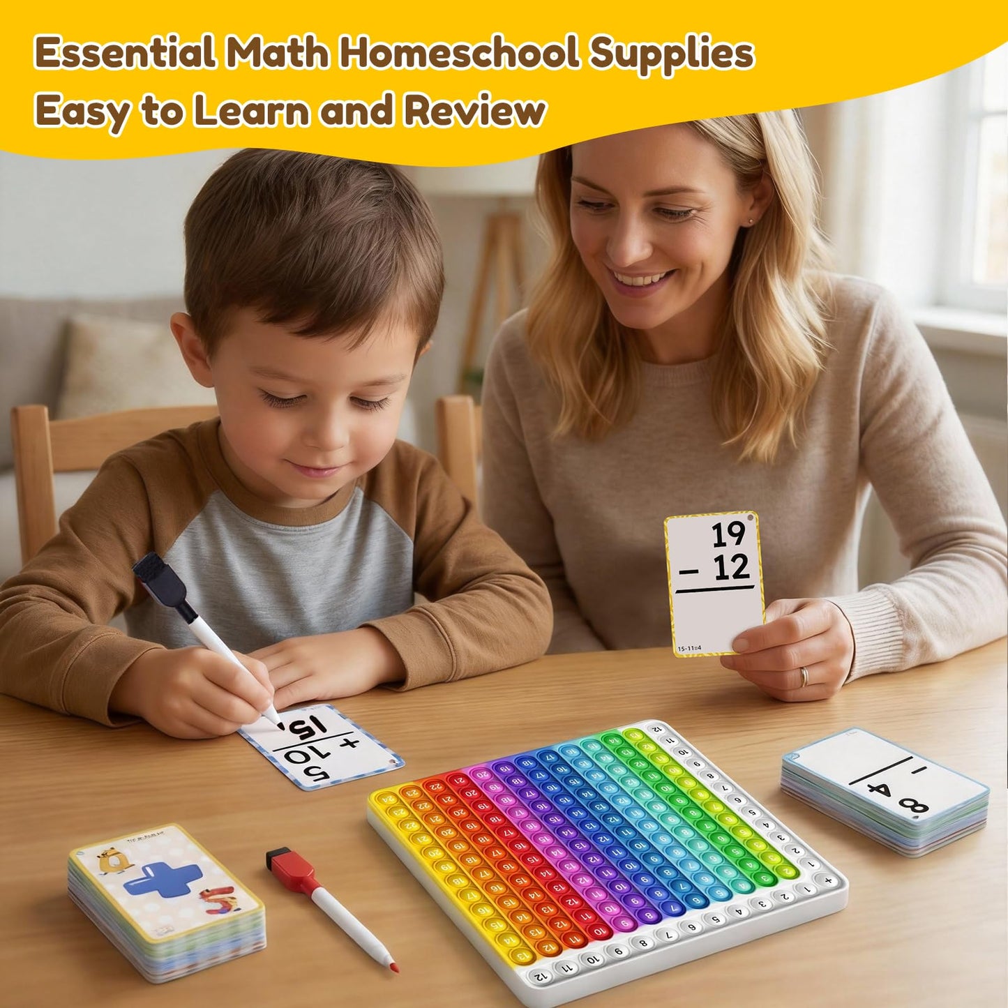 JoyCat Addition and Subtraction Flash Cards with Pop Math Board, 144 Math Flashcards for Kids Ages 4-8, Homeschool Kindergarten 1st 2nd Grade Math Manipulatives with Workbook, Markers, Rings & Bag