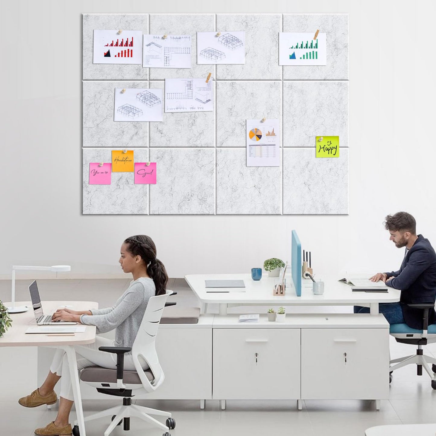 Bounmer Large Cork Board for Walls 48" x 36" - 12 Pack Felt Wall Tiles with Safe Removable Adhesive Tabs & 30 Pcs Pushpins - Bulletin Board for Office Home Decor (Marble)