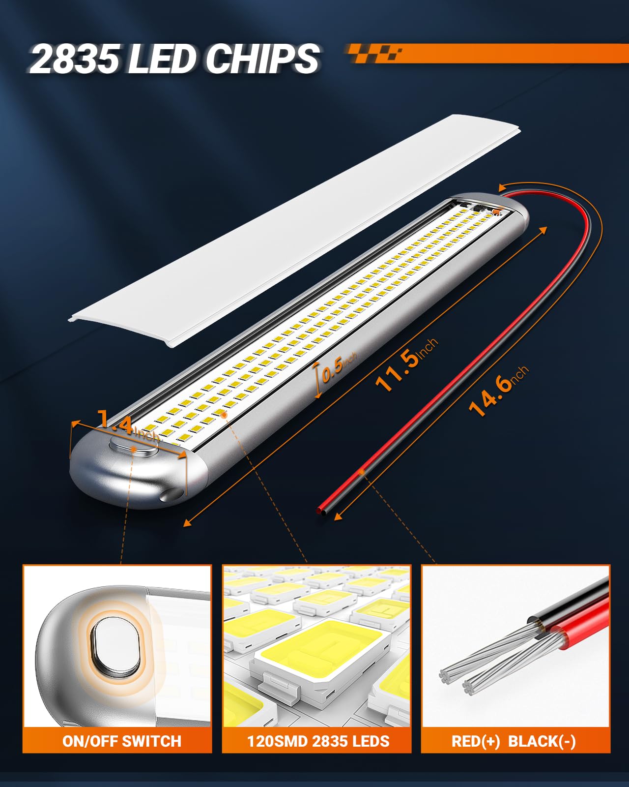 SEALIGHT 12V LED Interior Light Bar 1500LM 8W White Light Strip Pack of 6