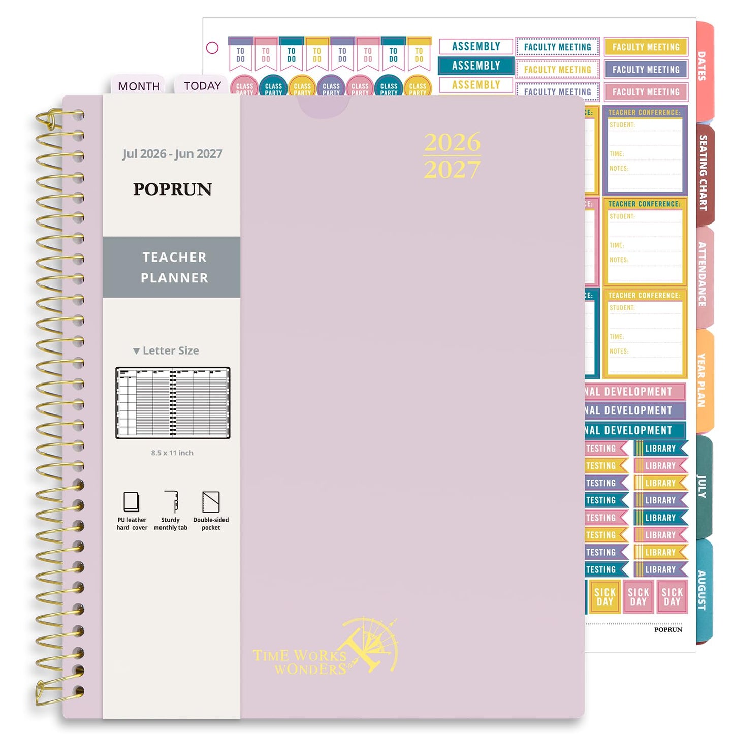 POPRUN Teacher Planner 2026-2027, 8.5" x 11", Academic Lesson Plan Book for Teachers (July 26-June 27) Weekly and Monthly with Gradebook, 2-Sided Pocket, Flexible PP Cover for Classroom, Light Pink