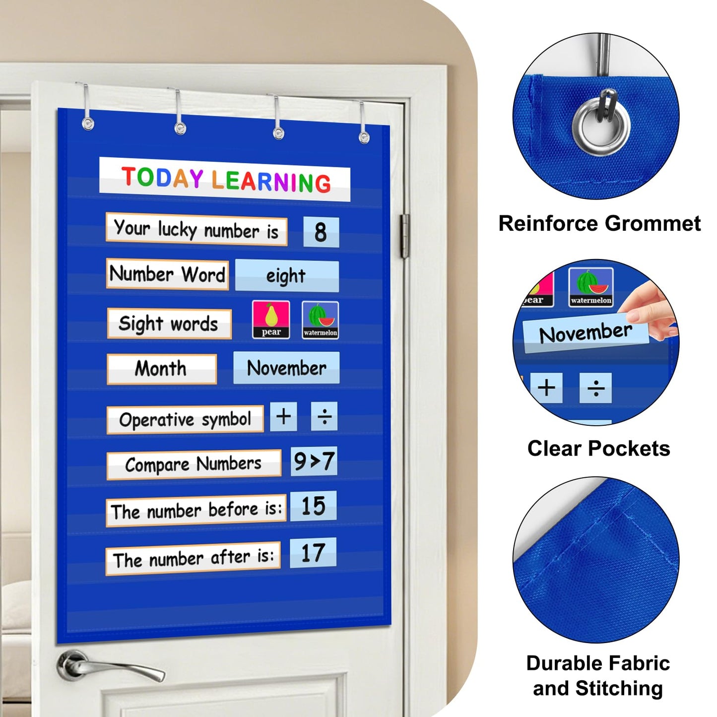 Standard Pocket Chart Clear 10 Pockets Chart for Classroom & Home Heavy Duty Hanging Pocket Chart for Word Wall/Letter Cards/Sentence Strips 28Wx43L,Blue