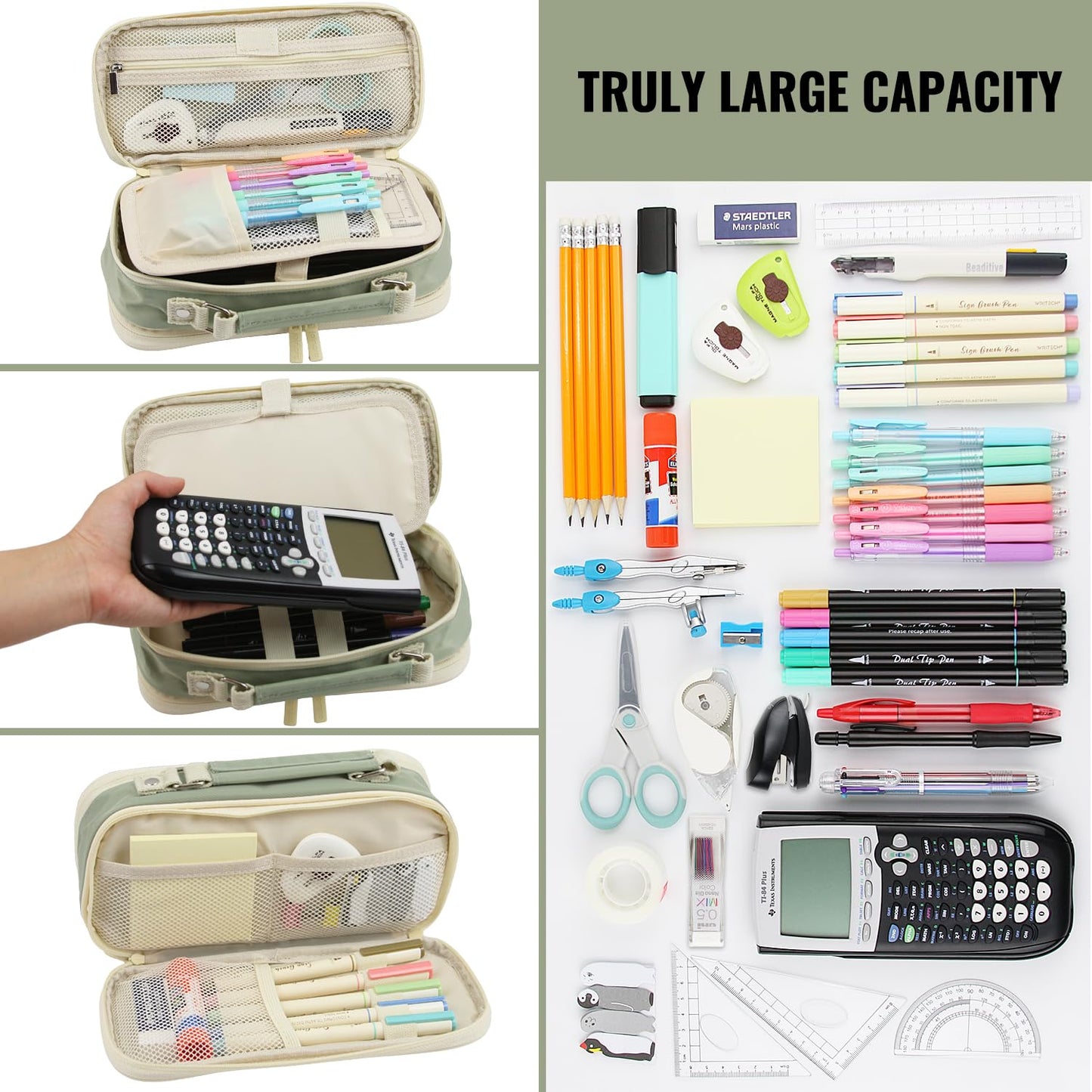 JOINPRO Pencil Case, Large Capacity Pencil Case Organizer; Double Zipper Storage Bag; Big Pencil Pouch for College School Office Teen Girl Boy Men Women Adult (Green)