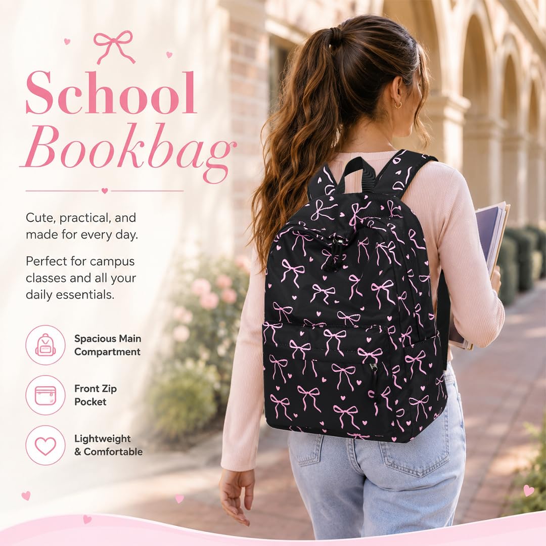 LOIDOU Backpack for Teen Girls Bookbags School Backpack with Lunch Box and Pencil Case 3 in 1 School Bags Set (Black Bow-Tie)