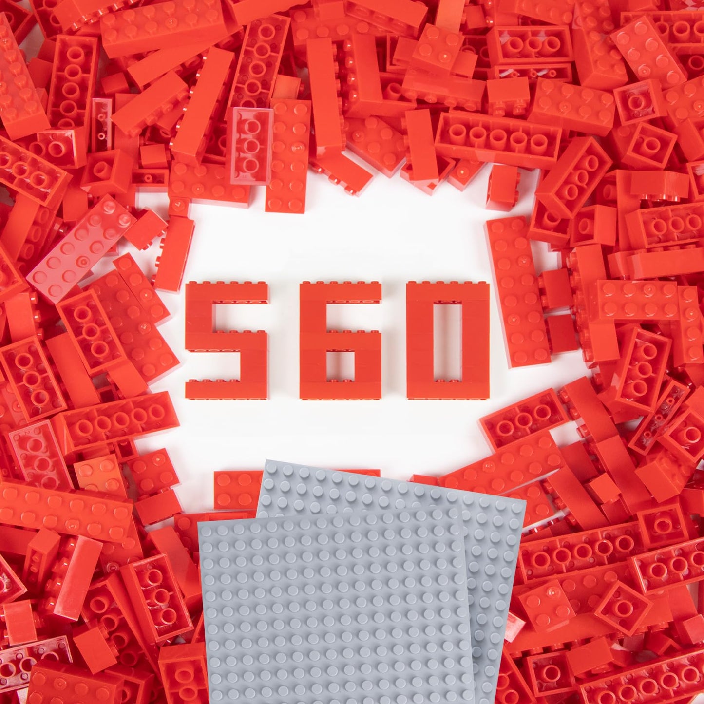 Cabeeskii 560 Pieces Red Classic Building Blocks Bulk with 2 Base Plates, Building Bricks in 7 Size, Compatible with All Major Bricks, for Kids & MOC Lovers