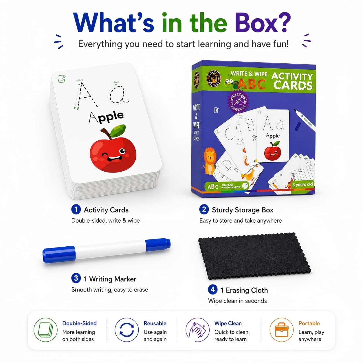 Write & Wipe Activity Cards for Kids, Reusable Tracing Flash Cards, Preschool Handwriting Practice Set, Letter Number Math Learning Activities Ages 3-6 (Letter Tracing)