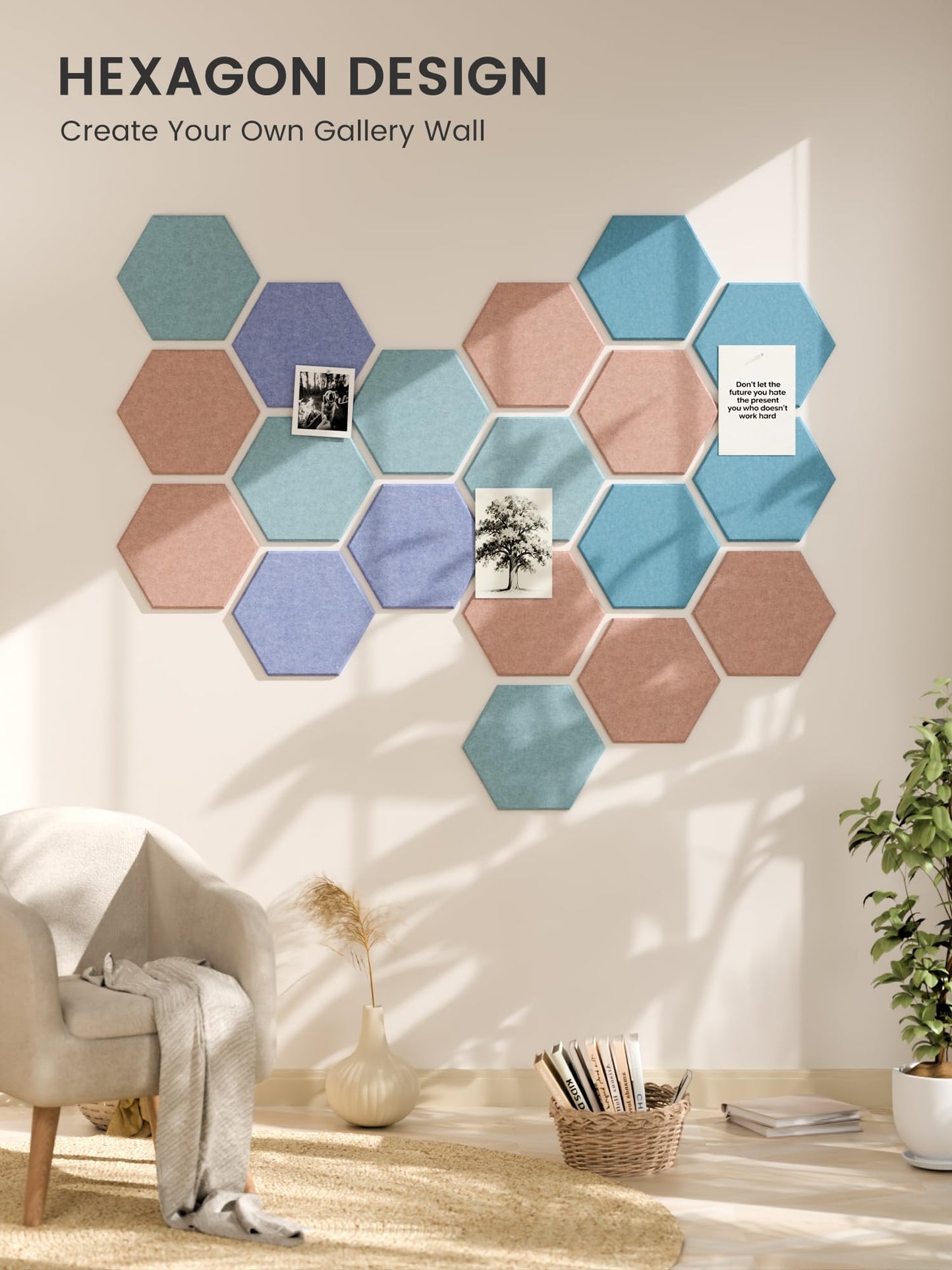 Fluxynara Hexagon Cork Board Alternative for Walls Decor-12-Pack Felt Bulletin Board Tiles,with 30 Pushpins,70 Adhesive Tabs for Office,Classrooms & Home Pin Board Felt Board-Coastal Haze