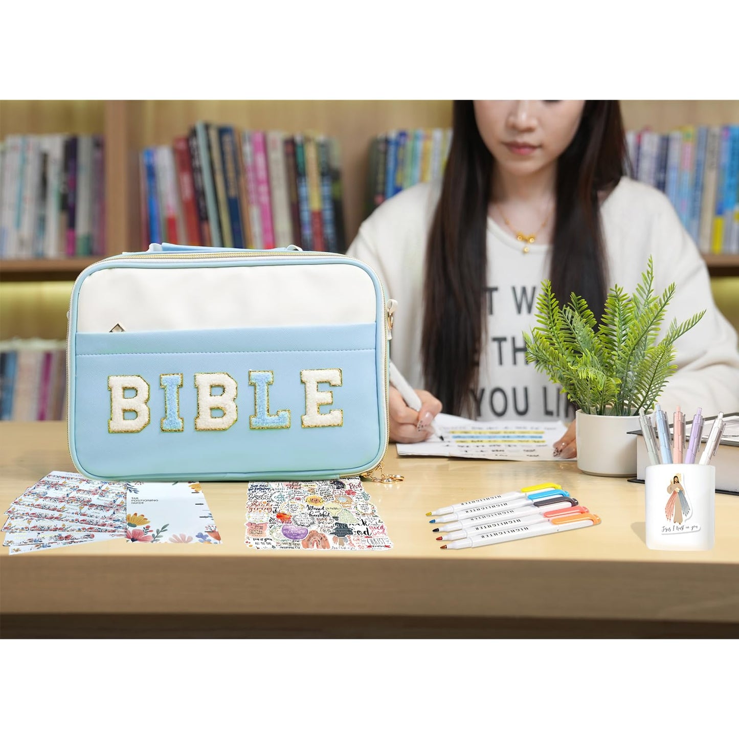 WOBAGMEN Bible Cover Case for Women,Large Leather Bible Book Covers with Bible Study Supplies, Bible Study Accessories Bible Journaling Kit,Blue Church Bag Christian Gifts for Women