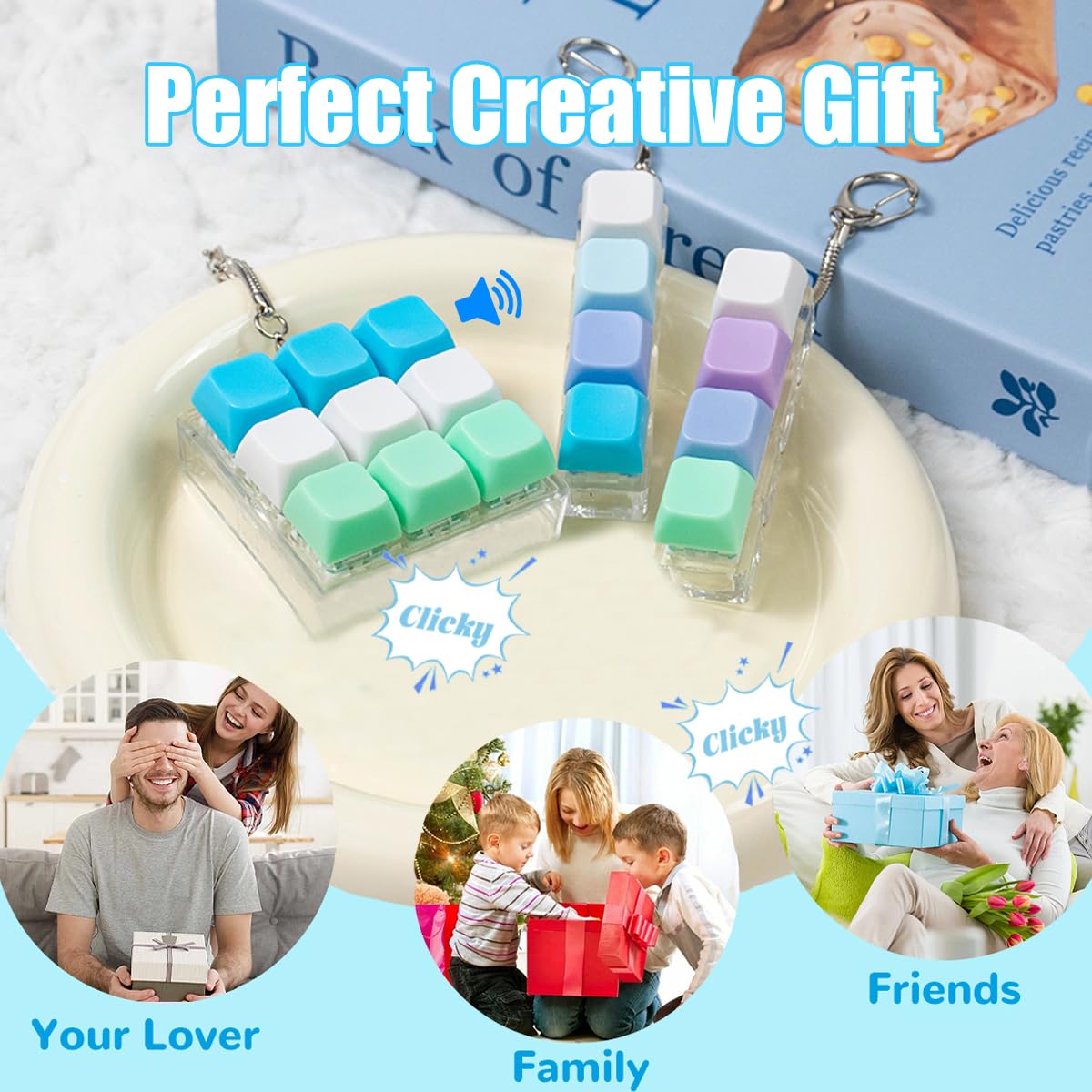 3 Pcs Keyboard Fidget Toy, Blue Green Fidget Keyboard Keychain 4-in-1 Loud Clicker Keyboard Fidget Toy Stress Relief, 9Key Fidget Clicker Toys for Anxiety Decompression (Green)