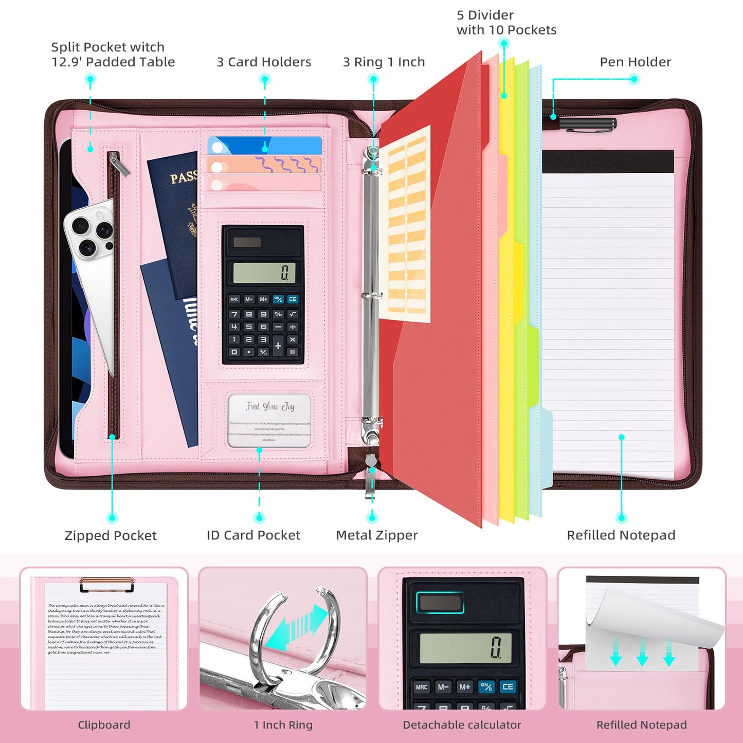 Ospelelf Pink Leather Portfolio Binder 3 Ring, Zippered Clipboard Folder with Storage - 5 Dividers with Pocket, Padfolio for Women,12.1” Tablet Sleeve, Refillable Notepad, Card Slot