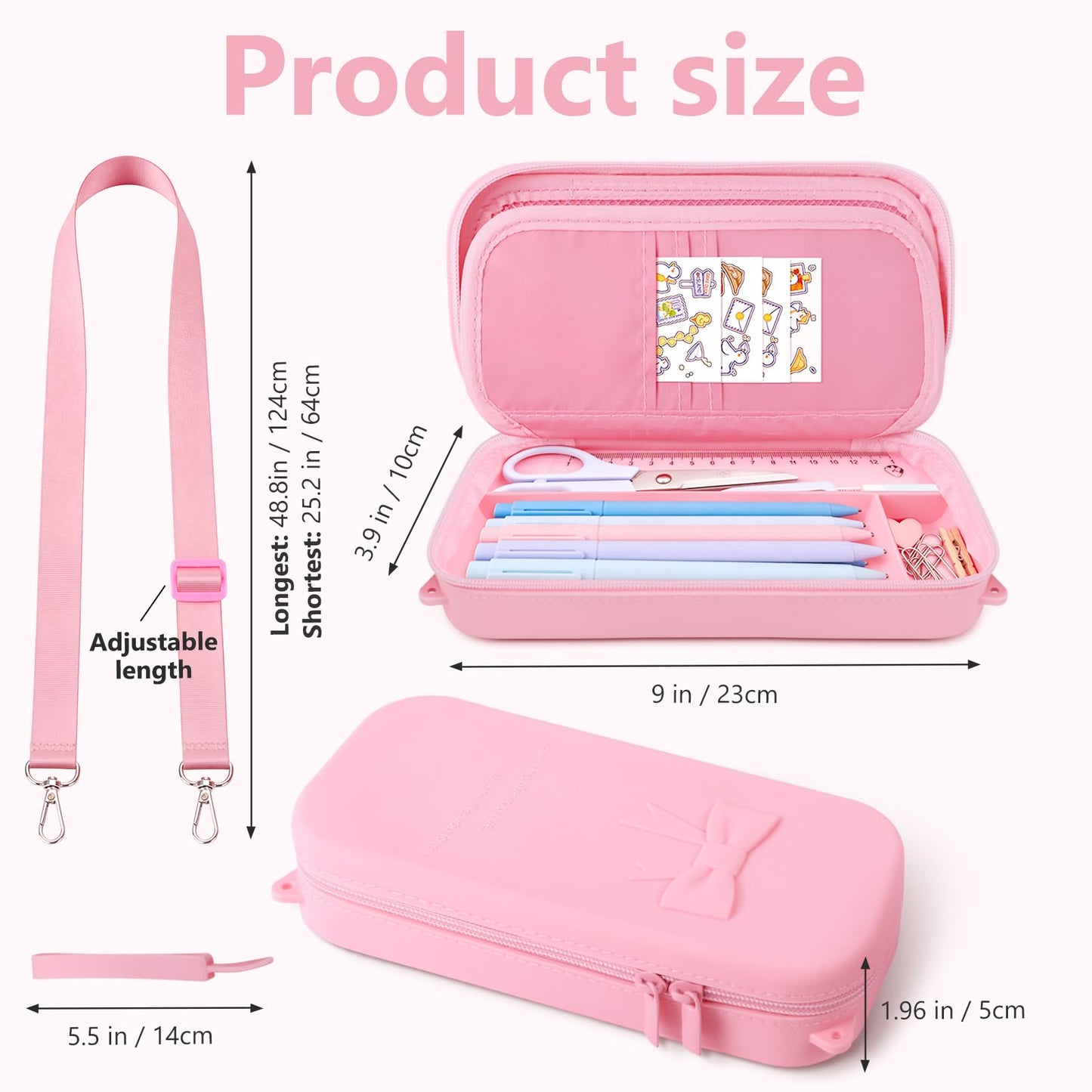 YAYAYOUNG Silicone Pink Bow Pencil Case with Hand strap & Shoulder Strap, Large Capacity Zipper Pen Pouch Organizer, Cute School Supplies for Teens Girls & Women