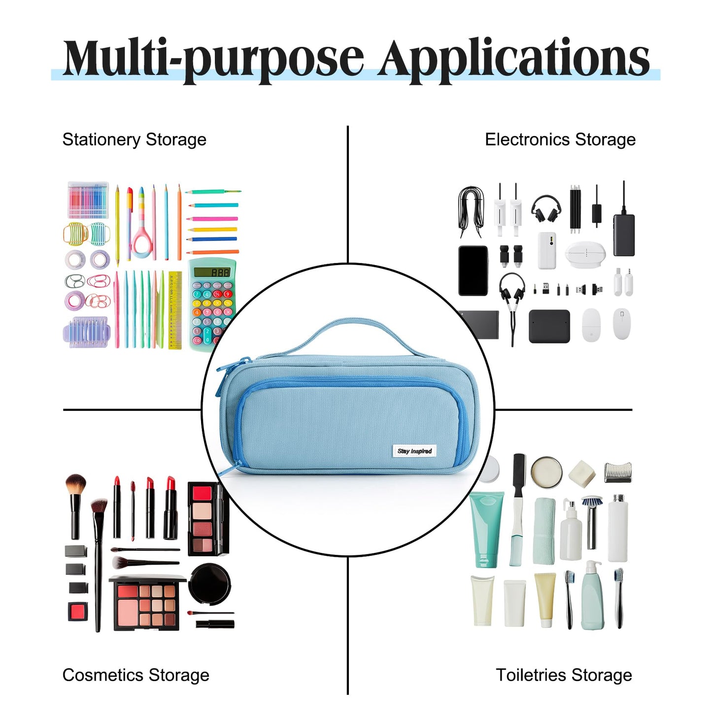 Ralnitote Large Pencil Case for Girls and Boys, Aesthetic Pencil Case Organizer with Handle, Cute Pencil Pouch for School & Office Supplies-Blue
