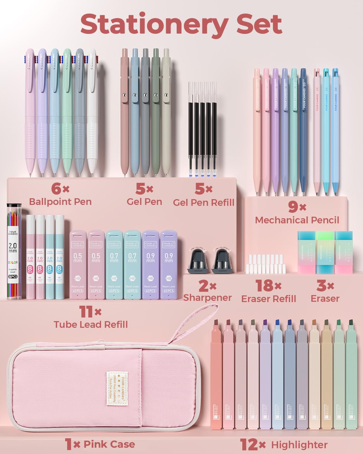Four Candies 56 PCS Stationery Set, Cute Storage Case with Supplies, 6 Multicolor Pens, 12 Pastel Highlighters, 5 Gel Pens Black Ink, 9 Mechanical Pencils for College Essentials Stuff (Pink)