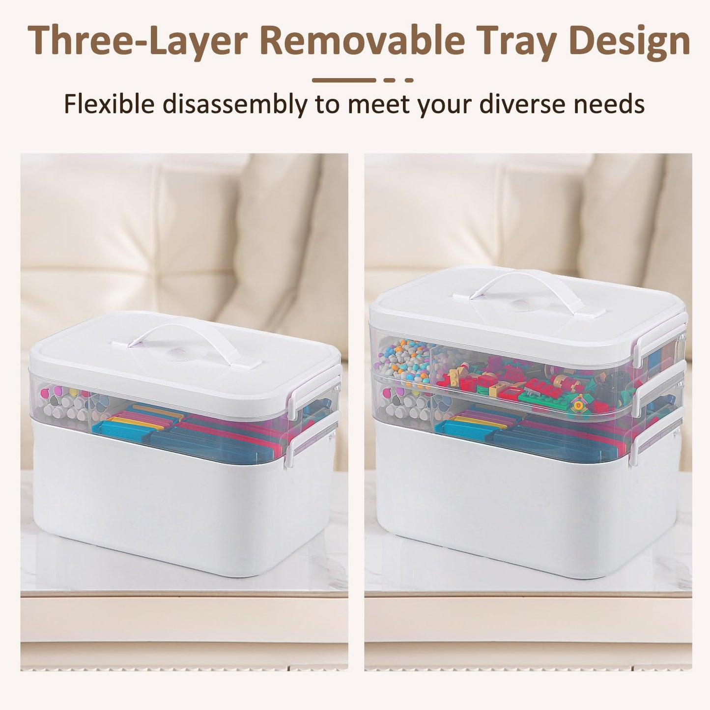 3-Layer Plastic Craft Organizers and Storage Box with Removable Trays, Storage Containers with lids and Handle, Art Supply Storage Organizer for Bead, Ornament, Nail Polish, Tape（10.62"x9"x7.67"）